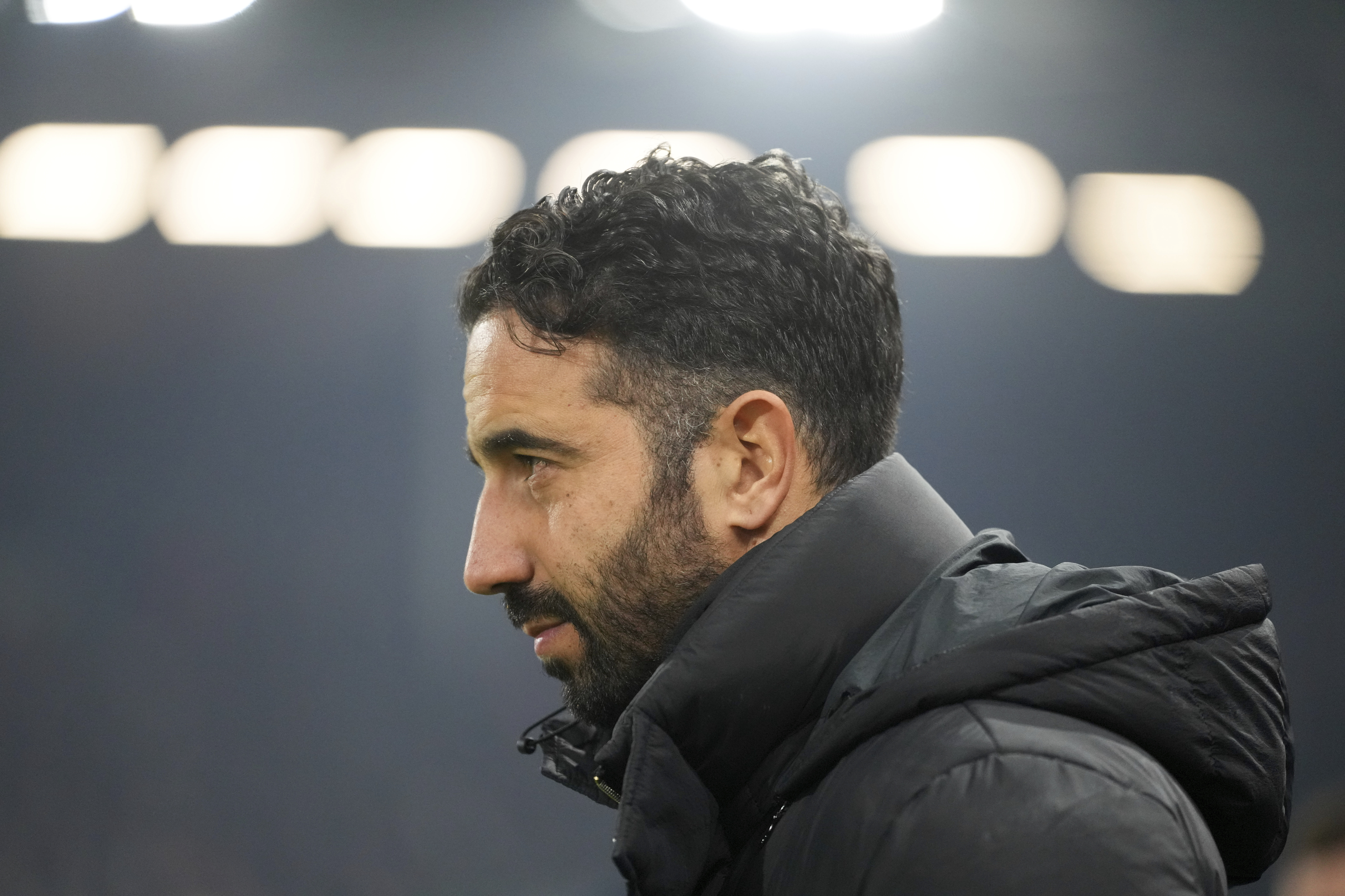 Manchester United's head coach Ruben Amorim arrives for the English Premier League soccer match between Fulham and Manchester United at Craven Cottage stadium in London, Sunday, Jan. 26, 2025. 