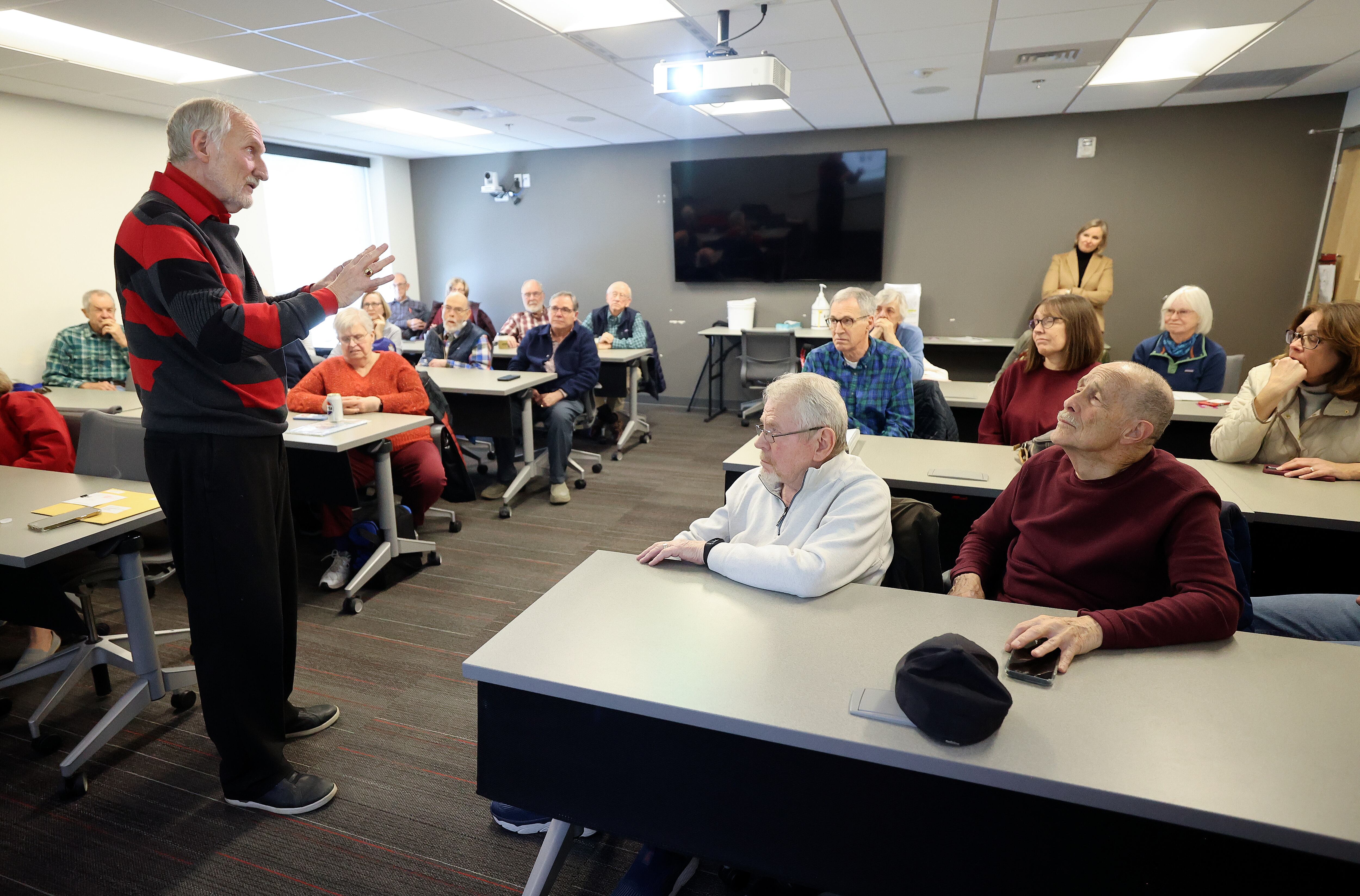 Tim Chambless teaches Current Issues in American Public Affairs and Politics at the Osher Lifelong Learning Institute at the University of Utah in Salt Lake City on Jan. 14.