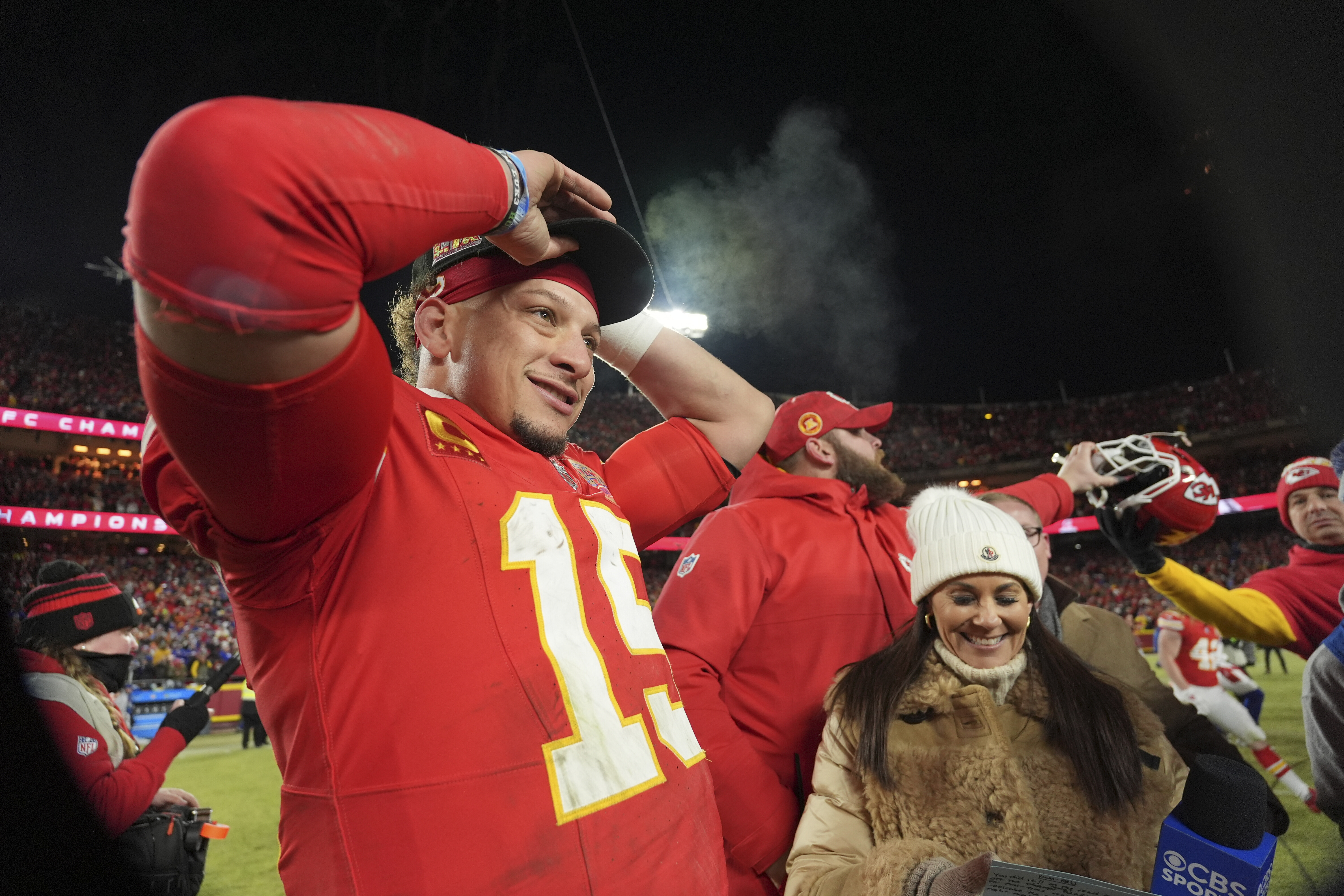 Kansas City Chiefs quarterback Patrick Mahomes celebrates after defeating the Buffalo Bills in the AFC Championship NFL football game, Sunday, Jan. 26, 2025, in Kansas City, Mo. 