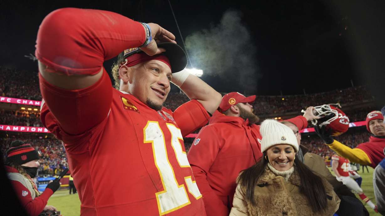 Kansas City Chiefs quarterback Patrick Mahomes celebrates after defeating the Buffalo Bills in the AFC Championship NFL football game, Sunday, Jan. 26, 2025, in Kansas City, Mo.