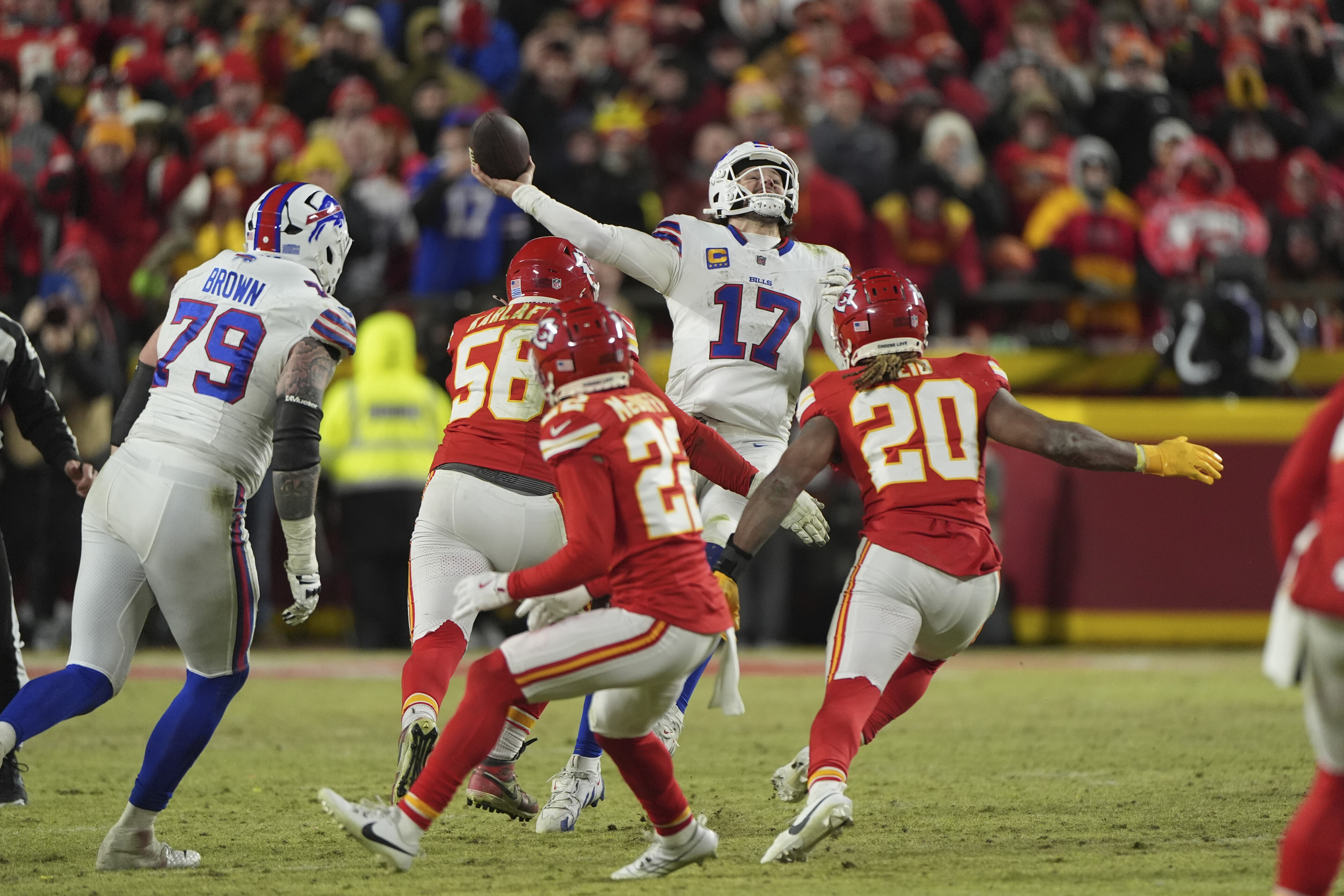 Buffalo Bills quarterback Josh Allen (17) attempts a pass during the second half of the AFC Championship NFL football game against the Kansas City Chiefs, Sunday, Jan. 26, 2025, in Kansas City, Mo.