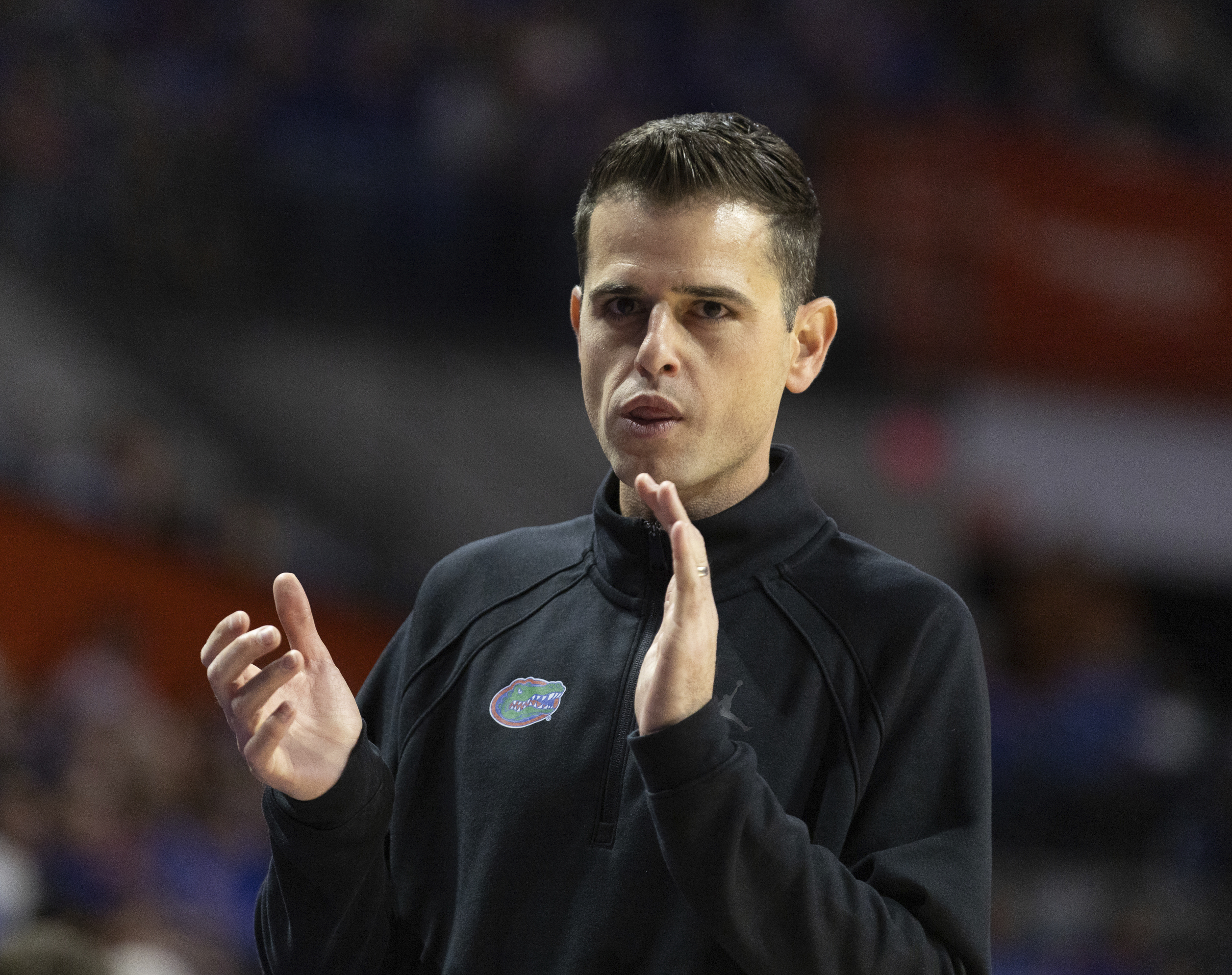 Florida head coach Todd Golden reacts during the first half of an NCAA college basketball game against Texas, Saturday, Jan. 18, 2025, in Gainesville, Fla.