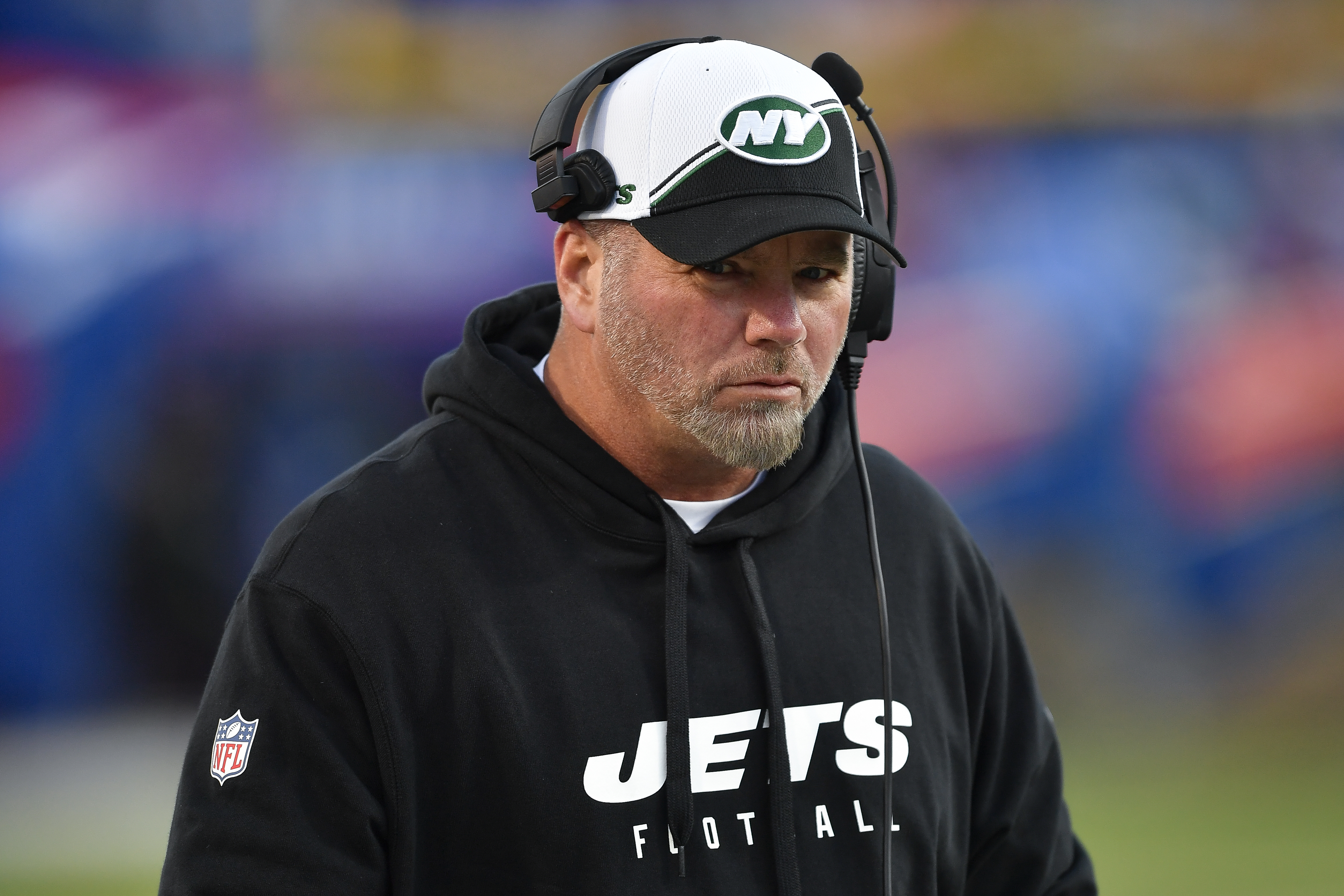 FILE - New York Jets special teams coordinator Brant Boyer watches warm ups before an NFL football game against the Buffalo Bills in Orchard Park, N.Y., Nov. 19, 2023. 