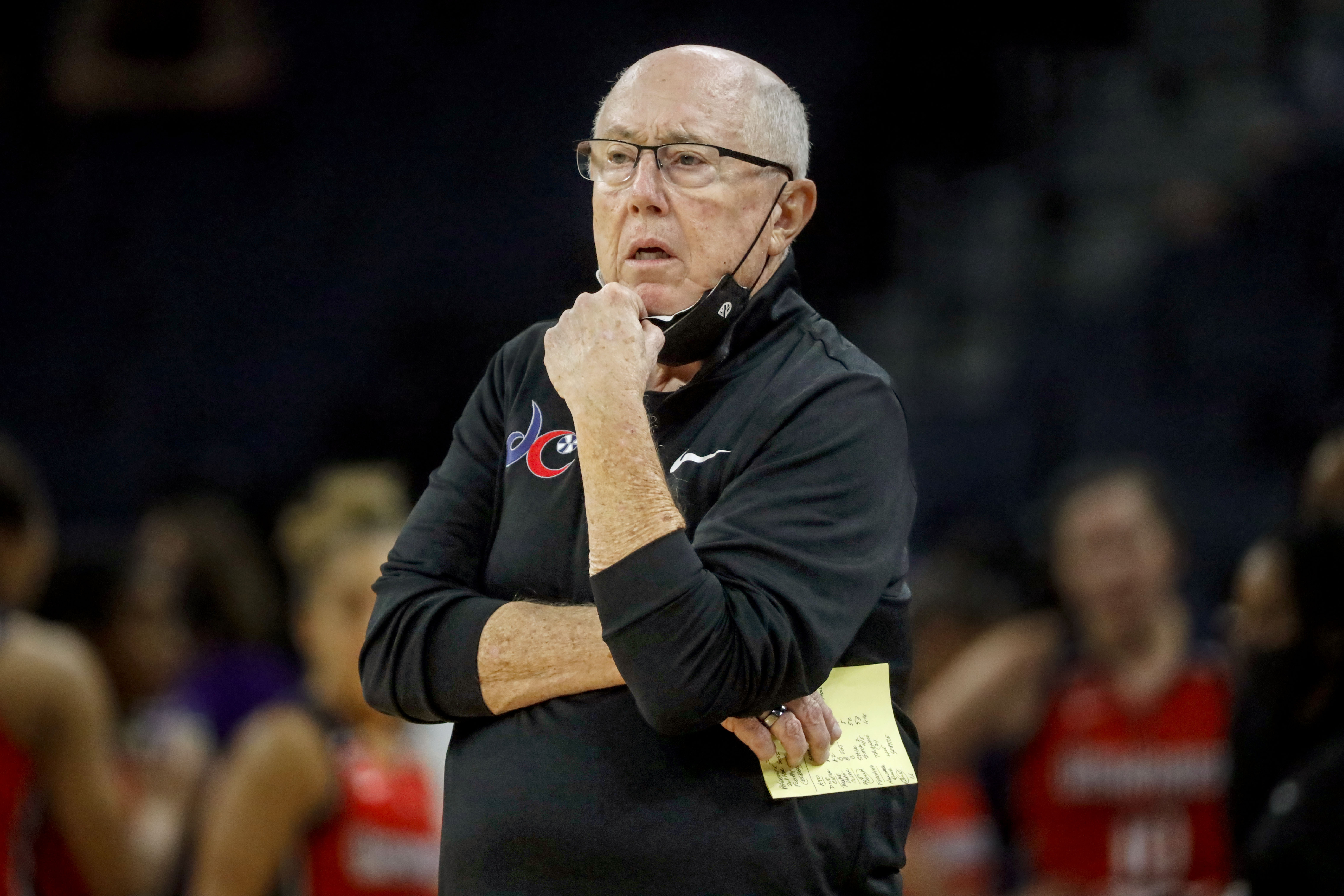 FILE - Washington Mystics head coach Mike Thibault watches as his team plays the Minnesota Lynx at a WNBA basketball game, Sept. 4, 2021, in Minneapolis.