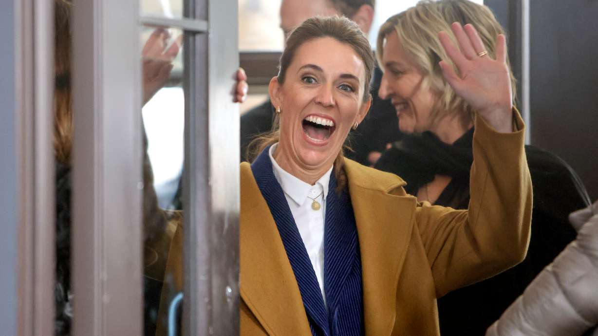 Former New Zealand Prime Minister Jacinda Arden waves as she arrives at the 2025 Sundance premiere of “Prime Minister” at the Eccles Theater in Park City on Friday.