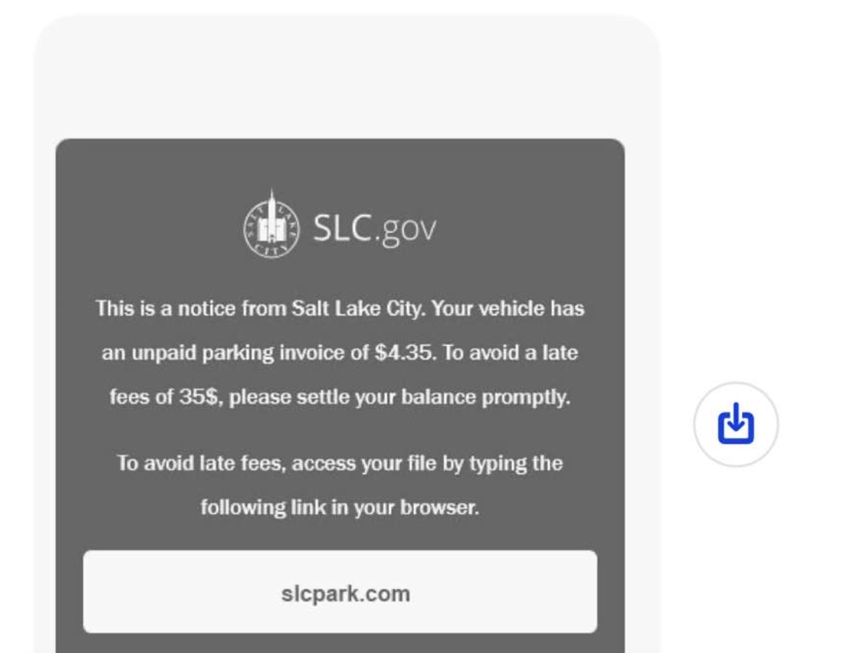 A screenshot of the text message parking ticket scam sent to many people throughout the Salt Lake City area on Monday.