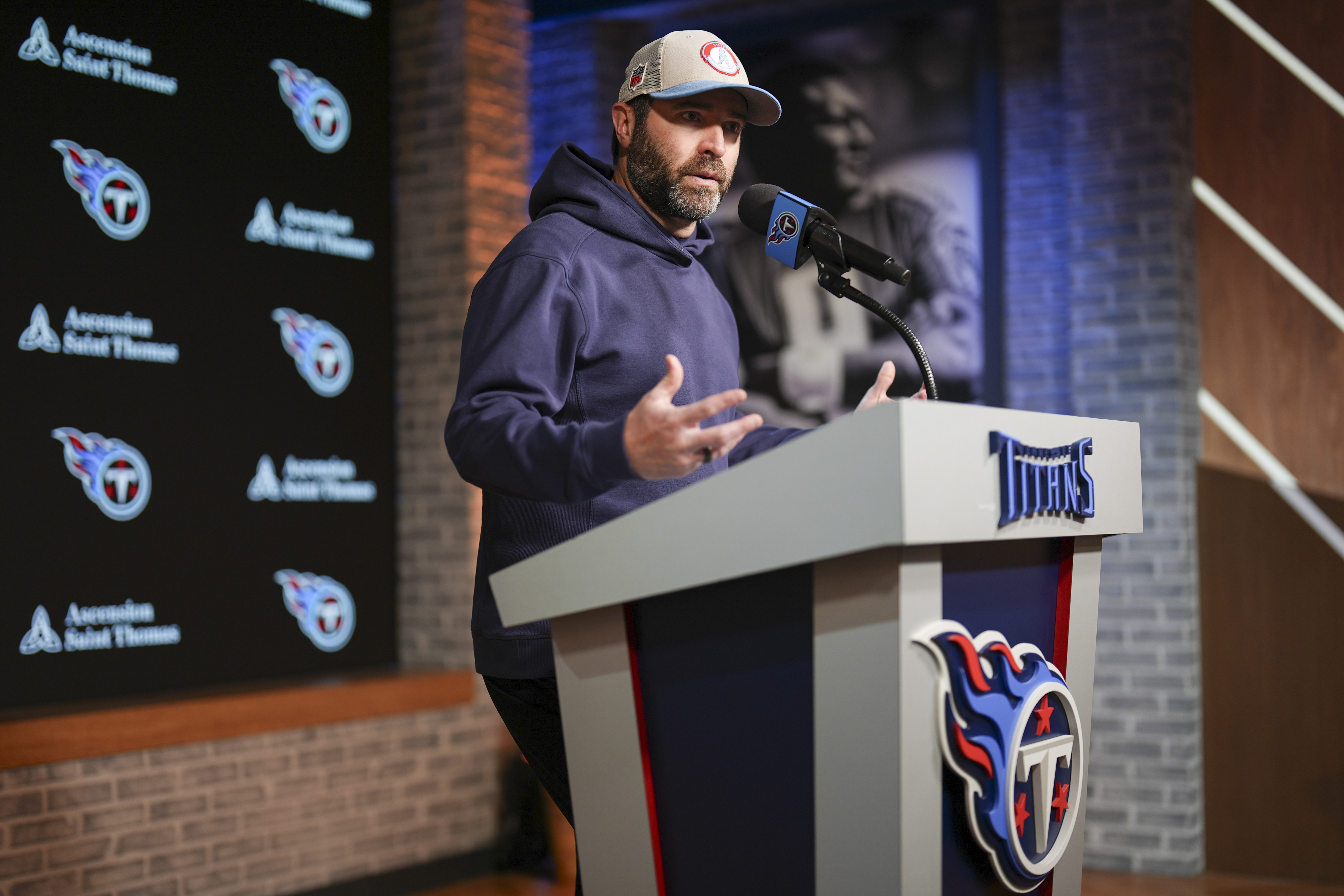 Tennessee Titans head coach Brian Callahan speaks during a news conference at the NFL football team's training facility Monday, Jan. 6, 2025, in Nashville, Tenn. 