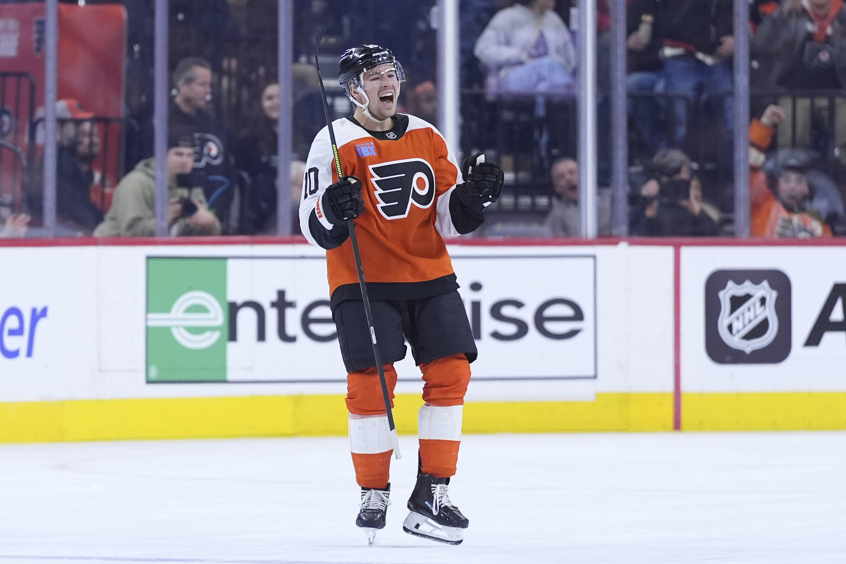 Philadelphia Flyers' Bobby Brink reacts after scoring a goal during the first period of an NHL hockey game against the New Jersey Devils, Monday, Jan. 27, 2025, in Philadelphia.
