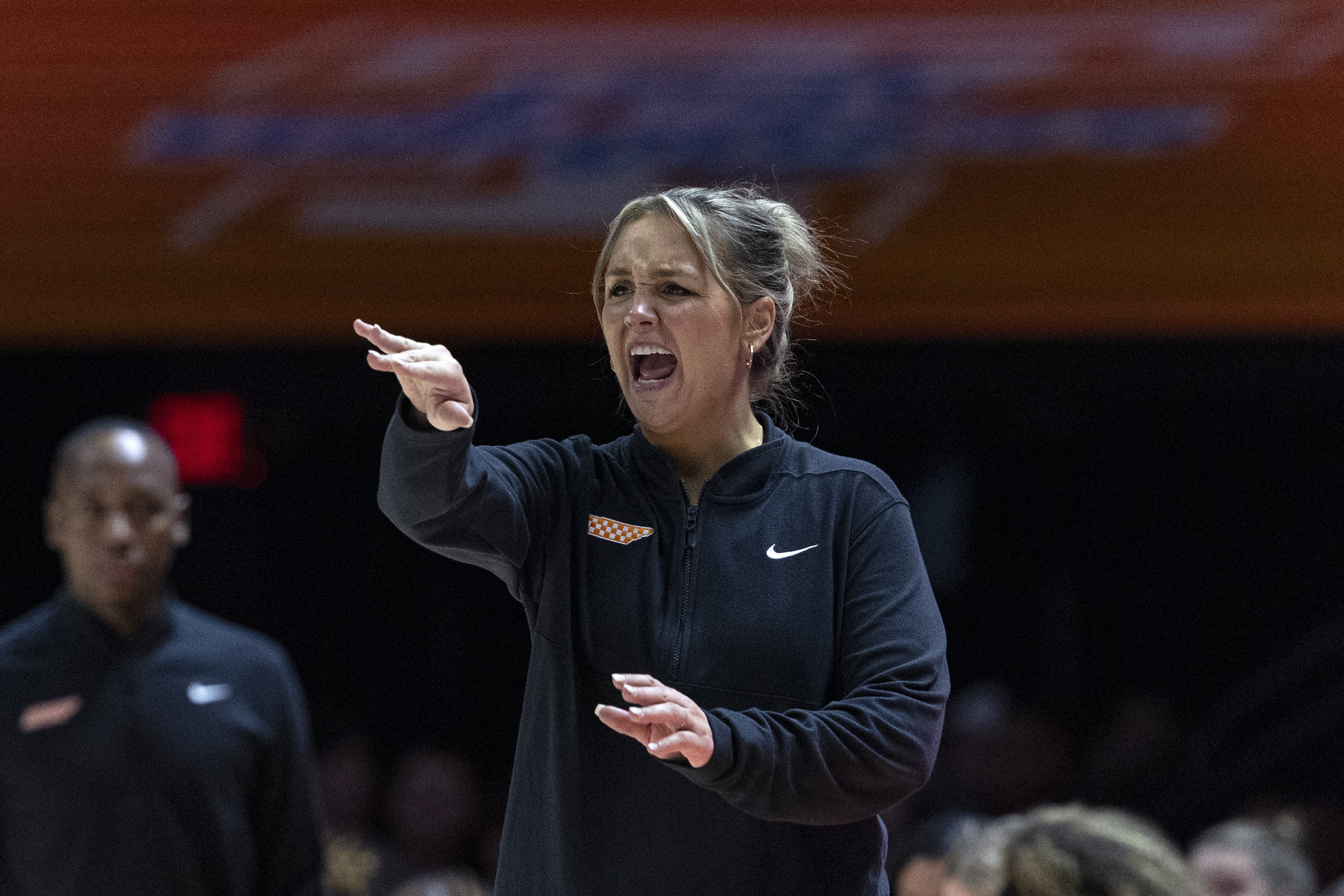 Tennessee head coach Kim Caldwell yells to her players during the second half of an NCAA college basketball game against South Carolina, Monday, Jan. 27, 2025, in Knoxville, Tenn. 