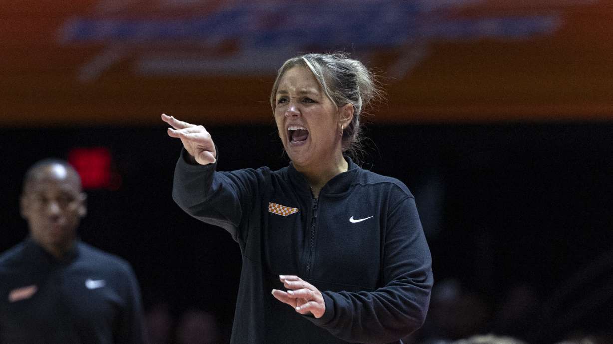 Tennessee head coach Kim Caldwell yells to her players during the second half of an NCAA college basketball game against South Carolina, Monday, Jan. 27, 2025, in Knoxville, Tenn.