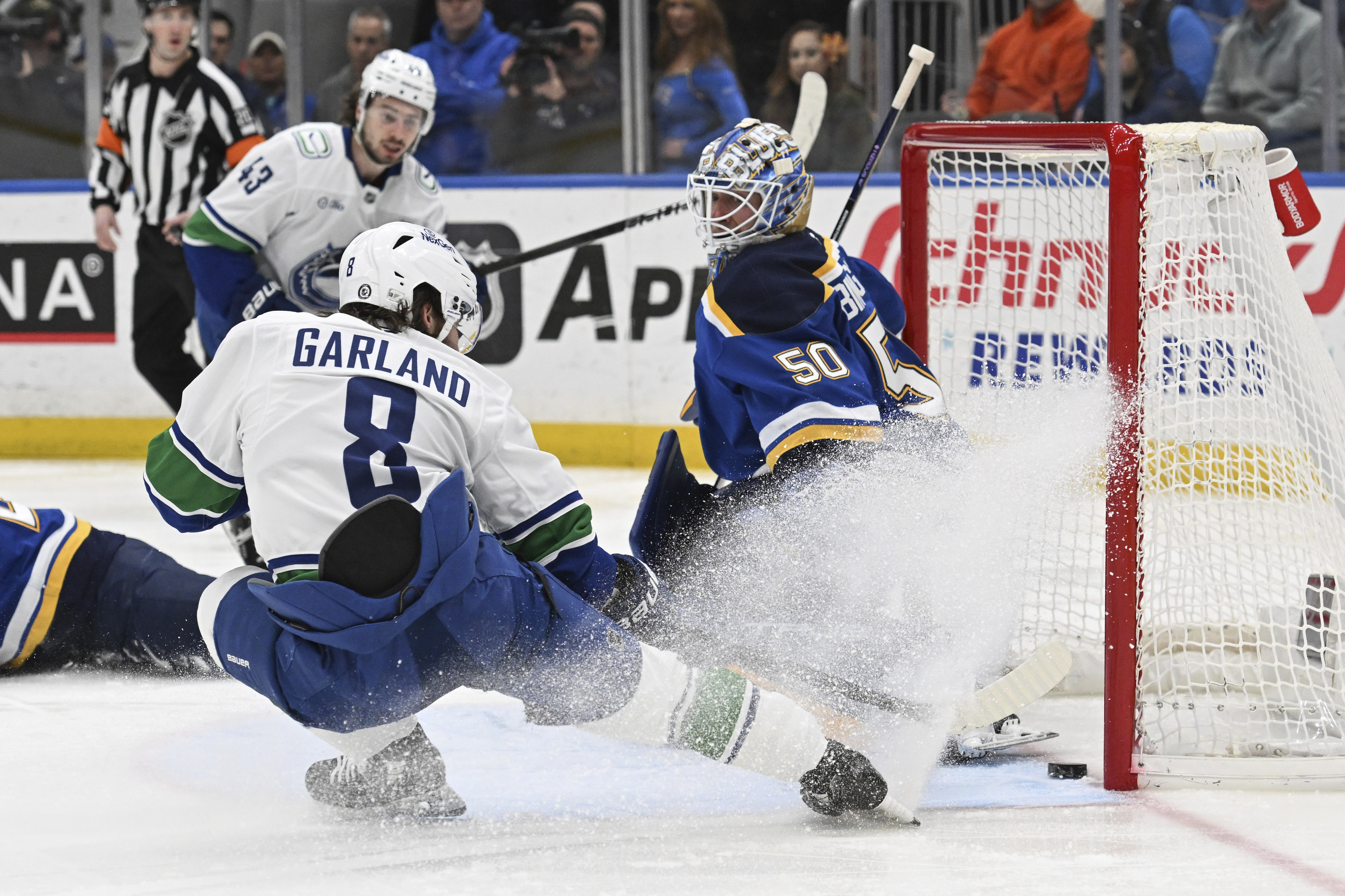 Vancouver Canucks' Conor Garland (8) scores past St. Louis Blues goaltender Jordan Binnington (50) during the first period of an NHL hockey game Monday, Jan. 27, 2025, in St. Louis. 
