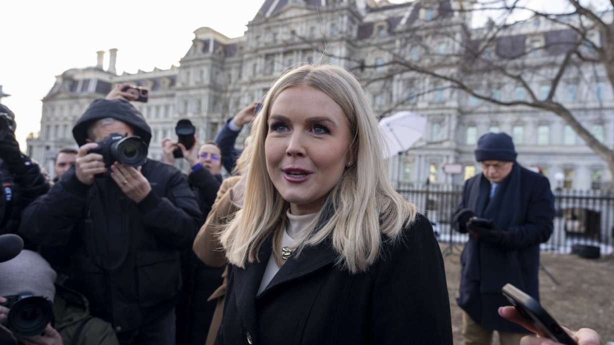 White House press secretary Karoline Leavitt speaks with reporters at the White House, Jan. 22, in Washington. She is the youngest person to serve in the role.