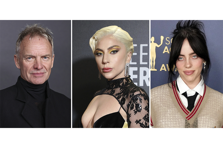 This combination of photos shows Sting, from left posing for photographers upon arrival for the premiere of the film 'Emancipation' in London, Friday, Dec. 2, 2022, Lady Gaga attending the Critics Choice Awards celebration at The Savoy Hotel on Sunday, March 13, 2022, in London, and Billie Eilish arriving at the 30th annual Screen Actors Guild Awards on Saturday, Feb. 24, 2024 in Los Angeles. 