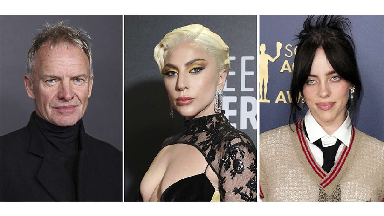 This combination of photos shows Sting, from left posing for photographers upon arrival for the premiere of the film 'Emancipation' in London, Friday, Dec. 2, 2022, Lady Gaga attending the Critics Choice Awards celebration at The Savoy Hotel on Sunday, March 13, 2022, in London, and Billie Eilish arriving at the 30th annual Screen Actors Guild Awards on Saturday, Feb. 24, 2024 in Los Angeles.