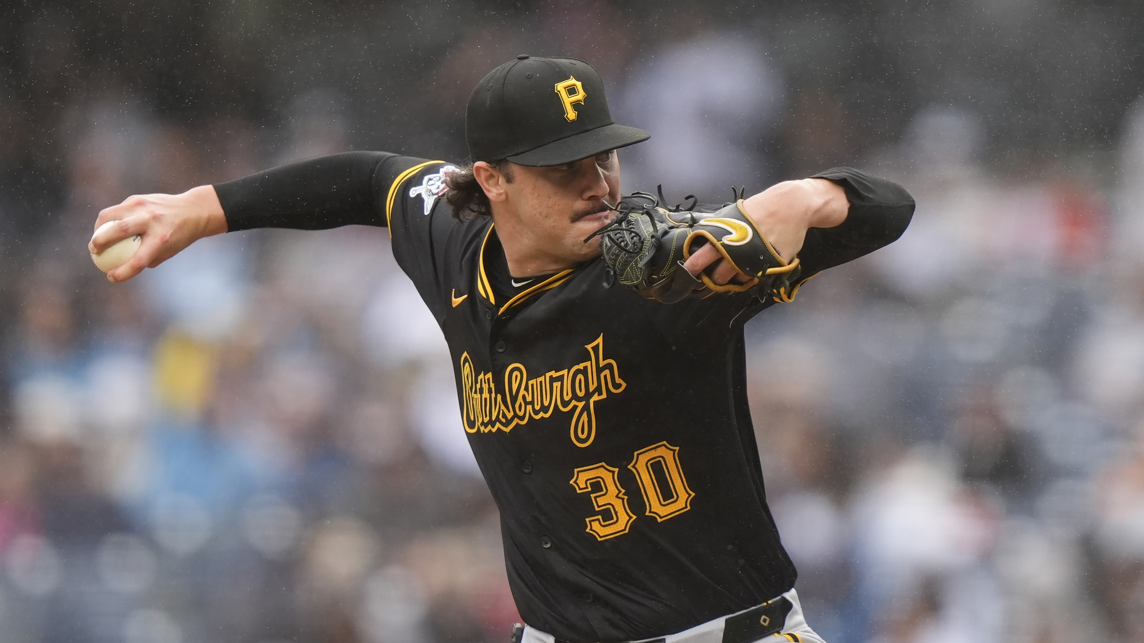 Pittsburgh Pirates pitcher Paul Skenes (30) pitches during the second inning of a baseball game against the New York Yankees, Sept. 28, 2024, in New York. 