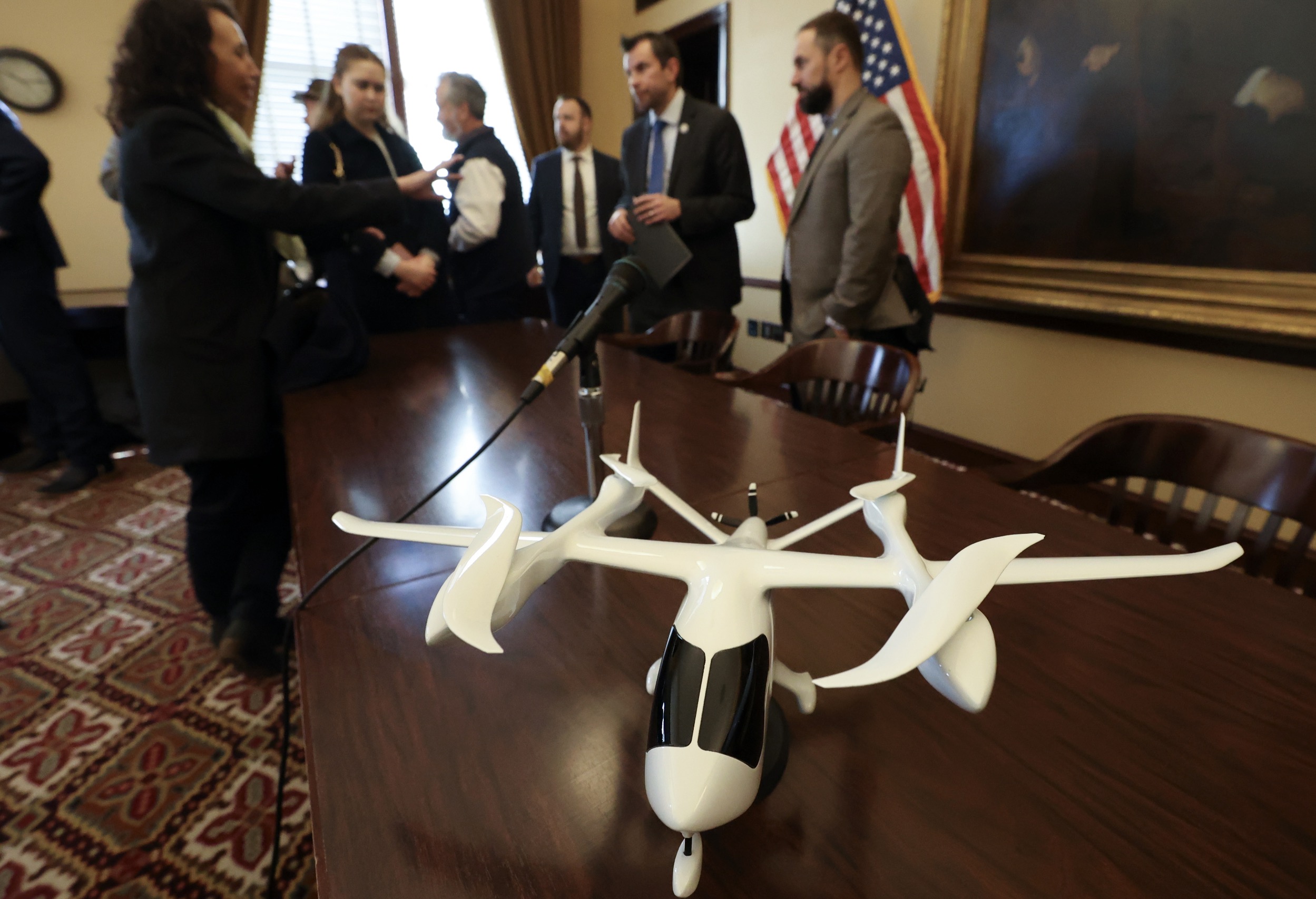 A Beta aircraft model is pictured at the Capitol after a memorandum of understanding with Beta Technologies, an industry-leading electric aircraft and charging manufacturer, and 47G Utah Aerospace & Defense was signed at the state Capitol in Salt Lake City on Tuesday. The agreement aims to provide an electric air transportation system to reduce commute times, increase access to rural communities and improve air quality.