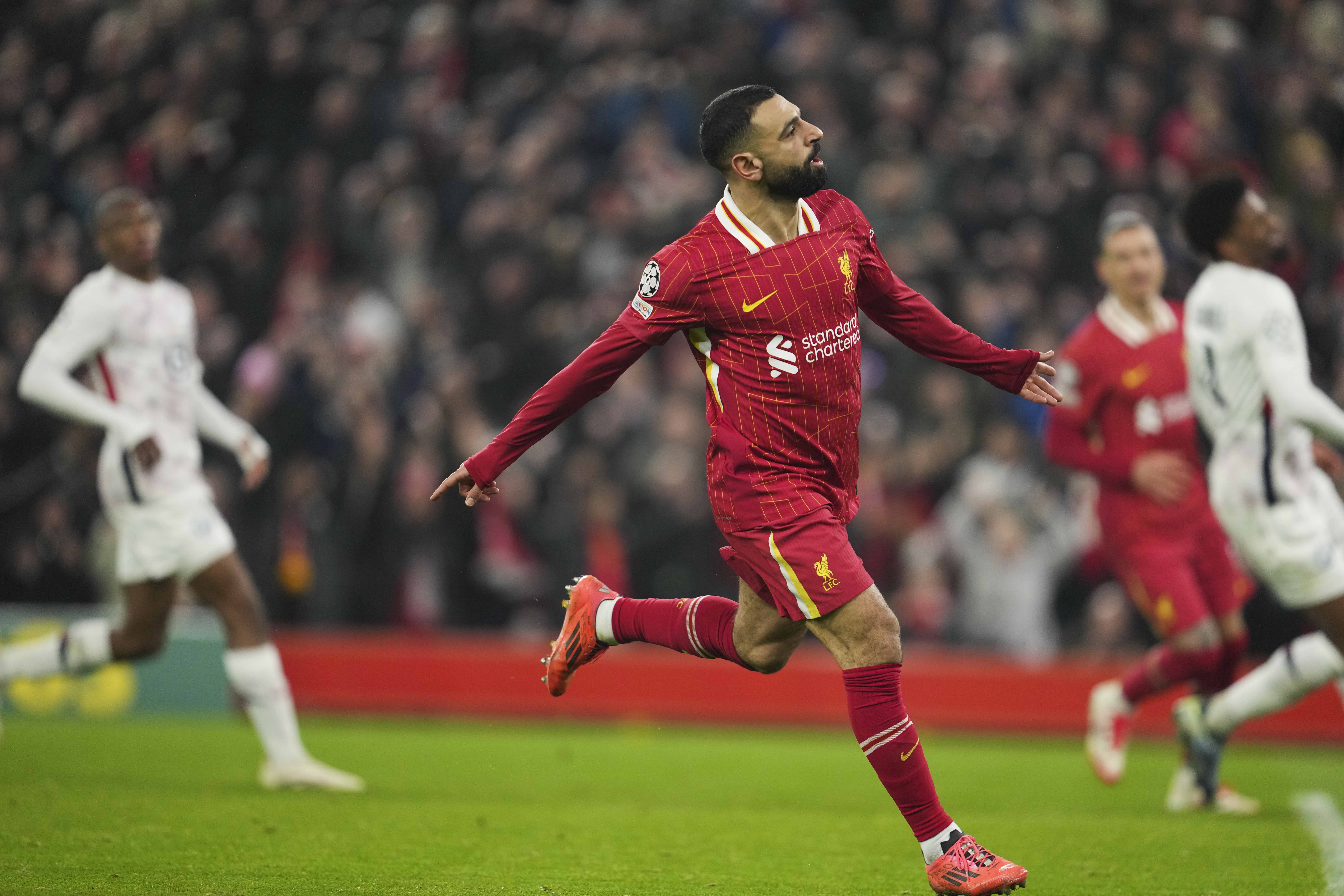 Liverpool's Mohamed Salah celebrates after scoring his side's first goal during the Champions League, opening phase soccer match between Liverpool and Lille at Anfield Stadium, Liverpool, England, Tuesday, Jan.21, 2025. 