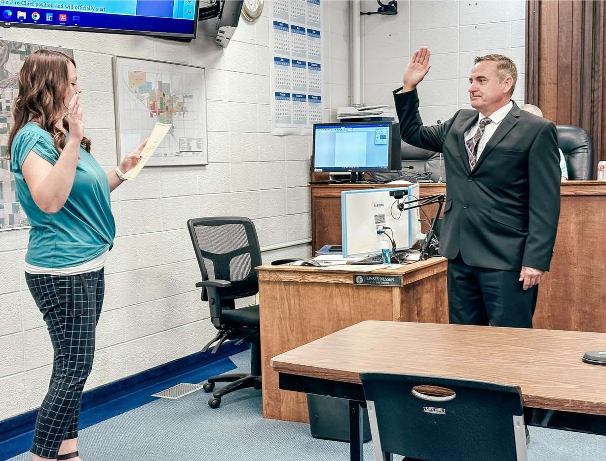 Ned Brady Hansen is sworn in as Tremonton Fire Chief in August 2023. Hansen, since fired, faces a range of charges related to sexual misconduct and is to next appear in court on April 30.