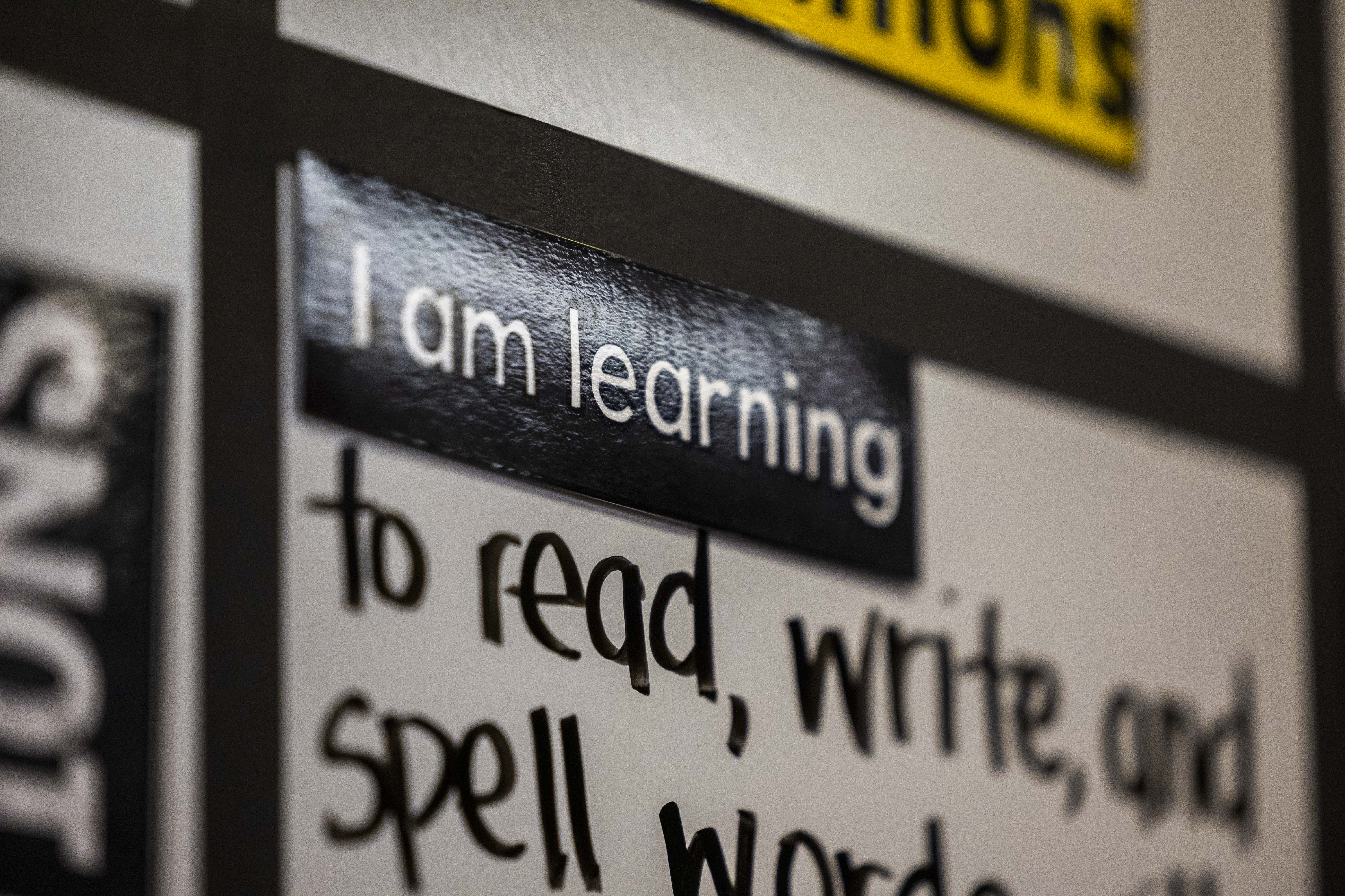 Utah lawmakers are considering a measure to boost funds for schools experiencing spikes in students with limited English proficiency. This Jan. 13 photo shows a sign in a classroom at Crescent Elementary School in Sandy.