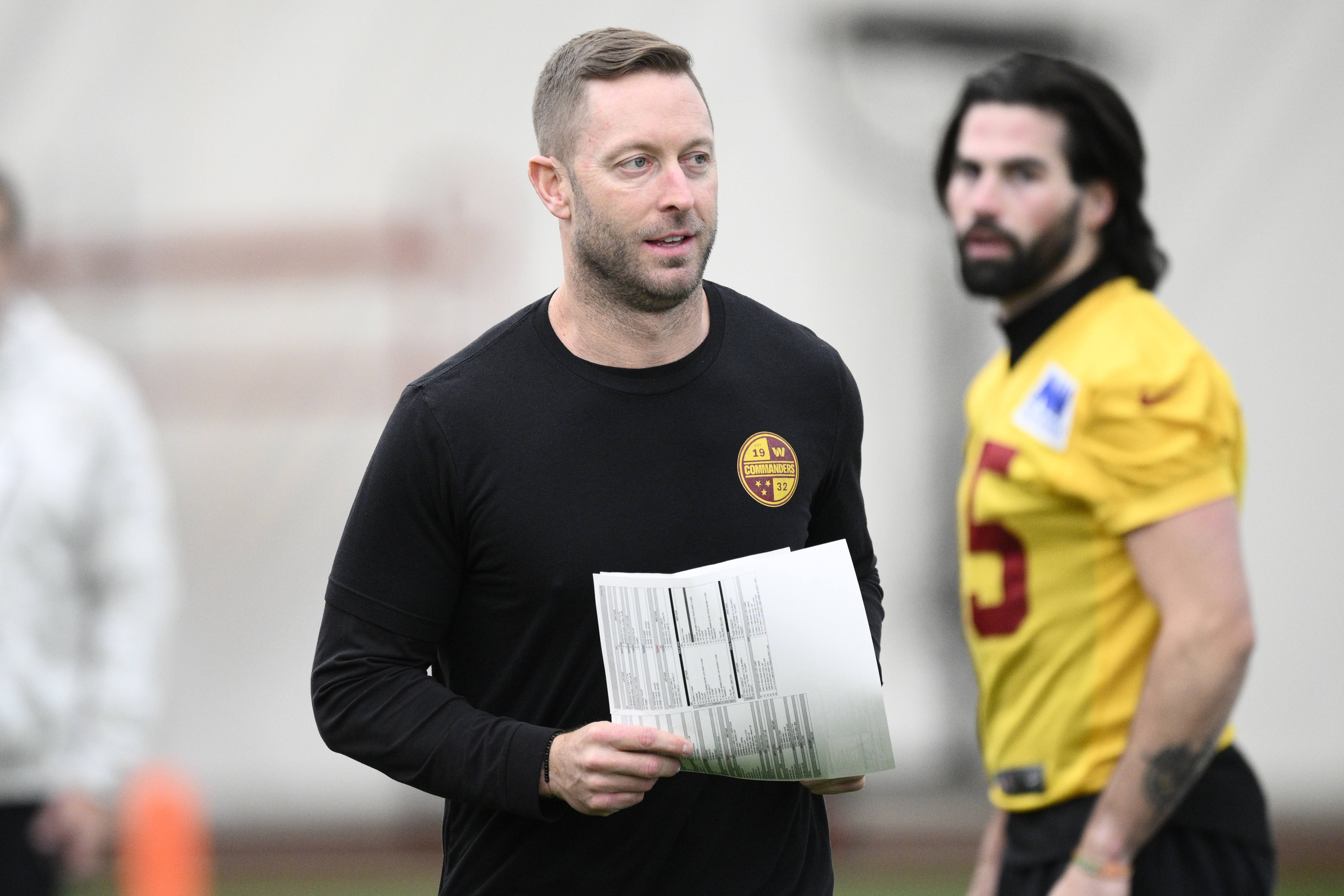 Washington Commanders offensive coordinator Kliff Kingsbury watches during NFL football practice, Friday, Jan. 24, 2025, in Ashburn, Va. 