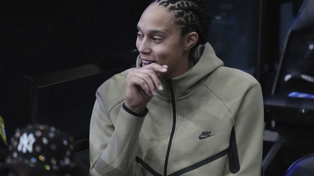 WNBA player Brittney Griner watches the second half of the inaugura Unrivaled 3-on-3 basketball game between the Lunar Owls and the Mist, Friday, Jan. 17, 2025, in Medley, Fla.