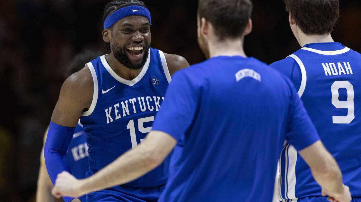 Kentucky forward Ansley Almonor (15) reacts after defeating Tennessee in an NCAA college basketball game Tuesday, Jan. 28, 2025, in Knoxville, Tenn.