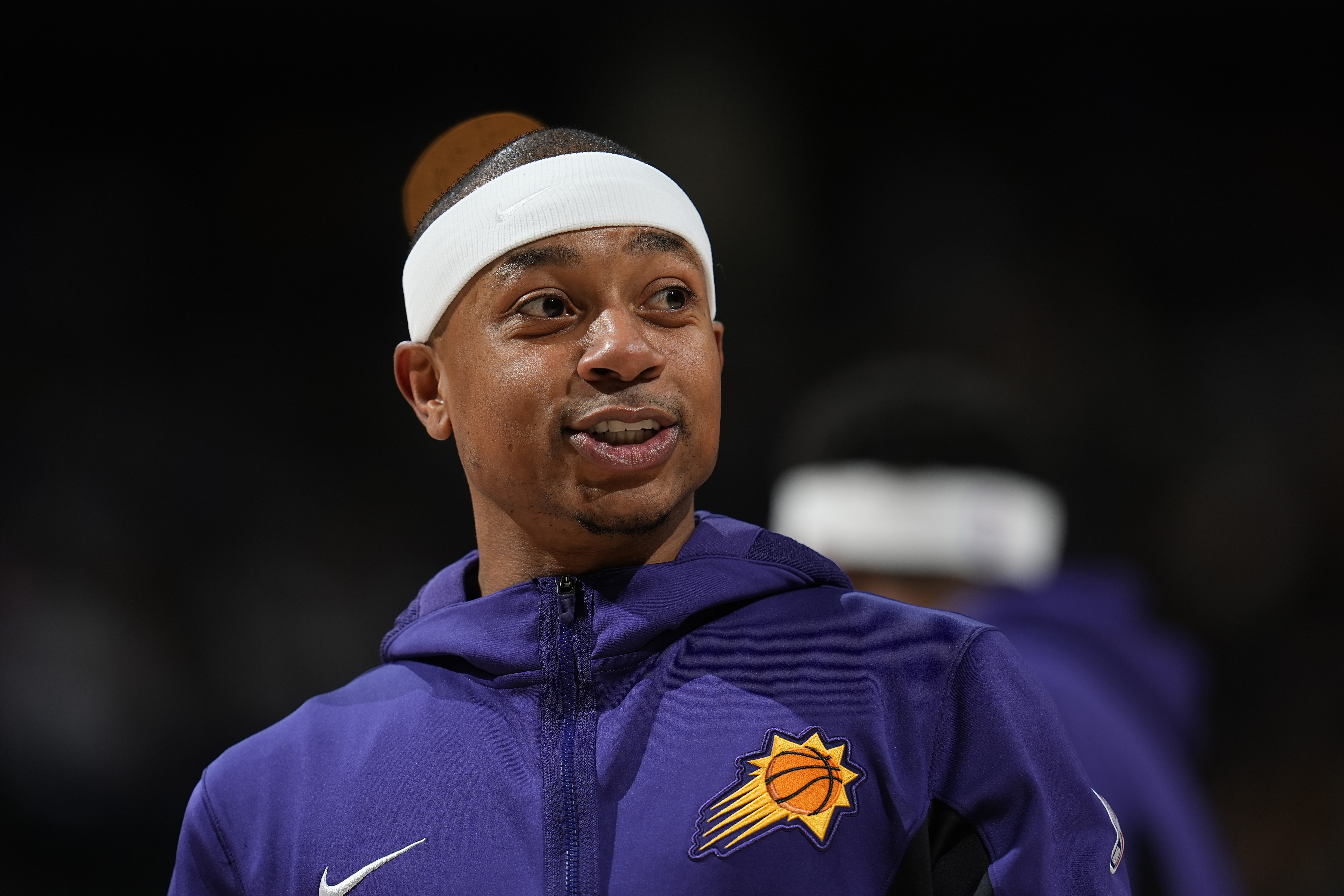 FILE - Phoenix Suns guard Isaiah Thomas looks on in the first half of an NBA basketball game, March 27, 2024, in Denver. 