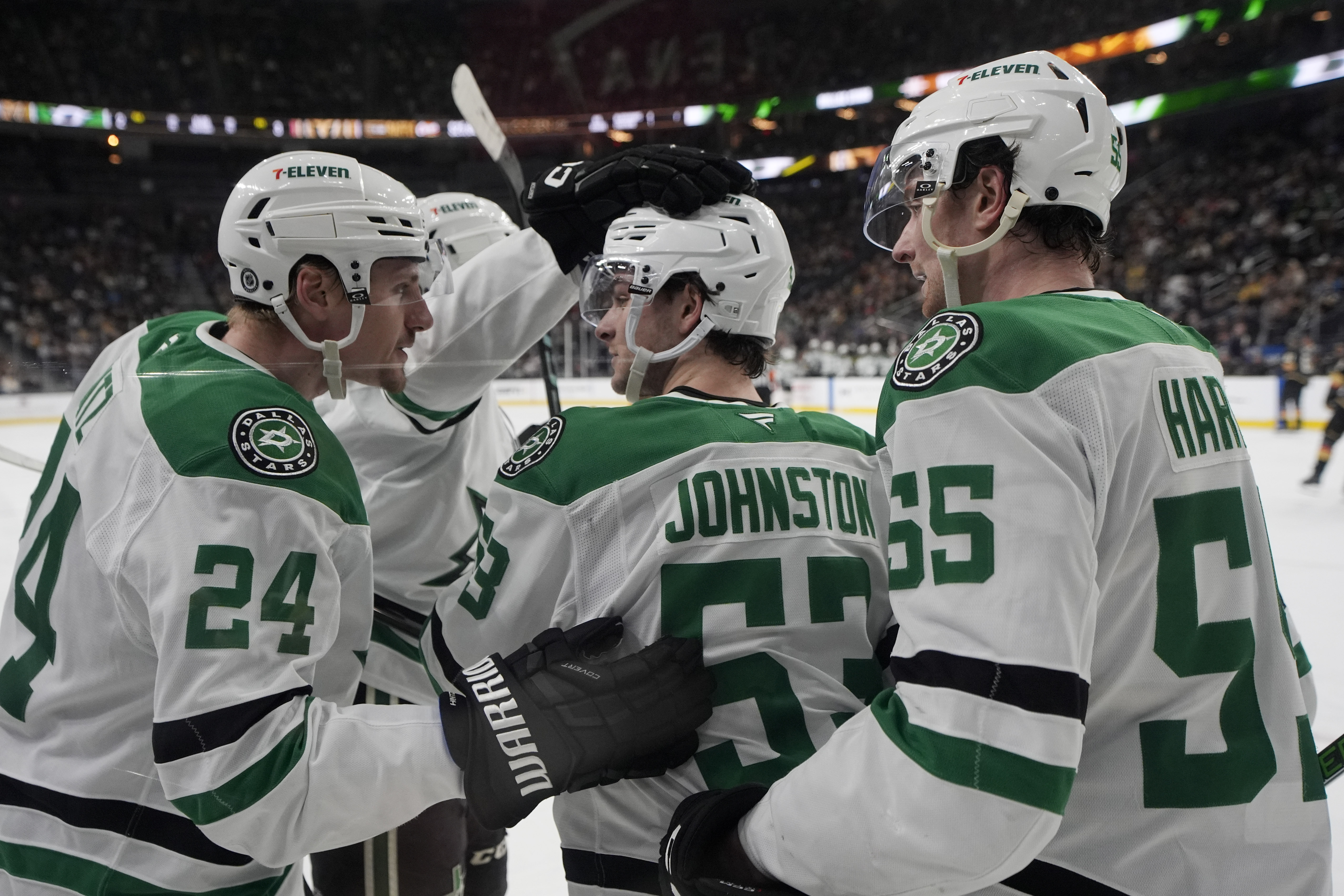 Dallas Stars center Wyatt Johnston (53) celebrates after scoring against the Vegas Golden Knights during the third period of an NHL hockey game Tuesday, Jan. 28, 2025, in Las Vegas. 