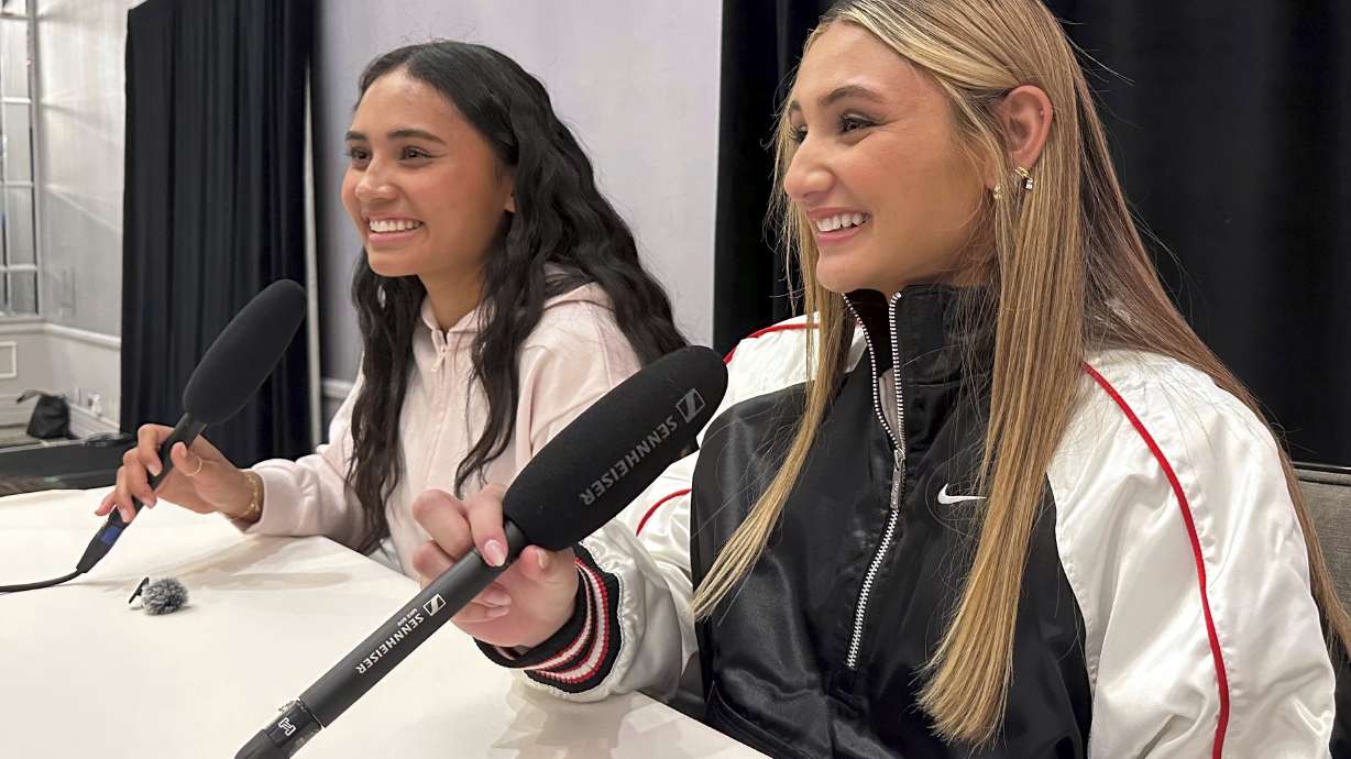 Alyssa Thompson, left, and her younger sister Gisele Thompson (right) speak to the media at the National Women’s Soccer League Media Day at the Beverly Hilton in Beverly Hills, Calif., Friday, Jan. 24, 2025.