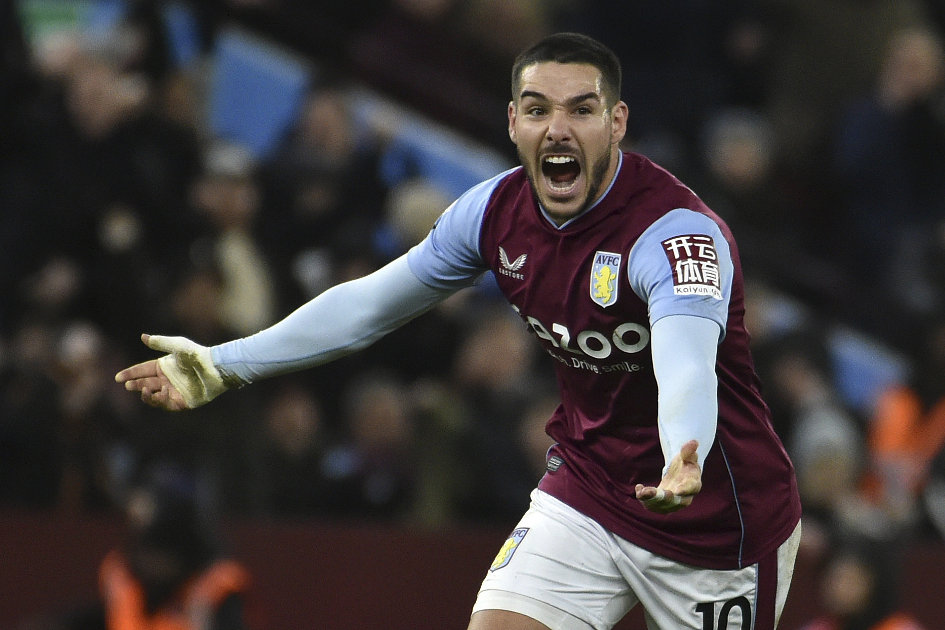 FILE - Aston Villa's Emiliano Buendia celebrates after scoring his sides second goal during the English Premier League soccer match between Aston Villa and Leeds United at Villa Park in Birmingham, England, on Jan. 13, 2023.