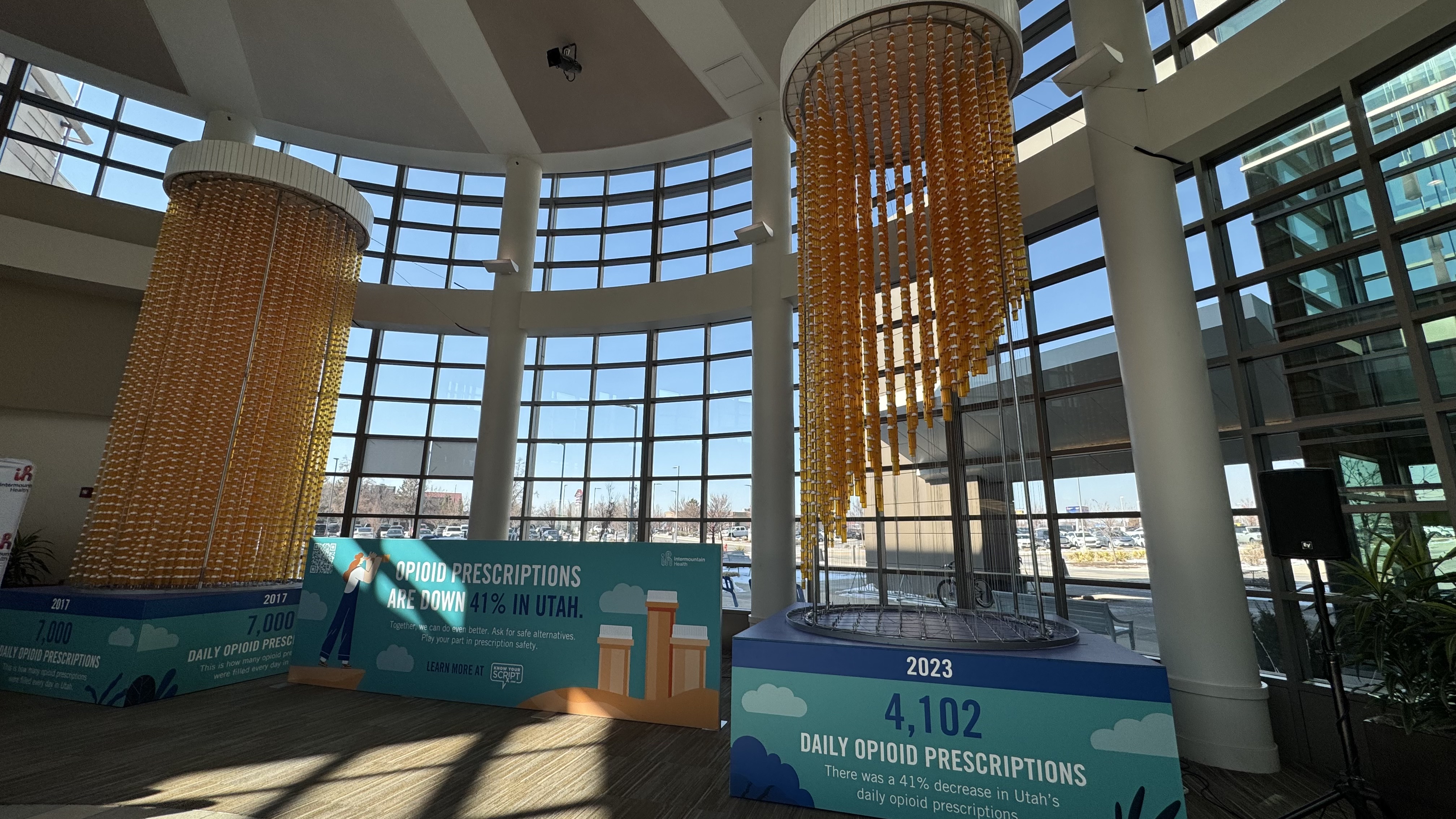 An art installation at the Utah Valley Hospital shows a 41% decrease in prescribed opioids in Utah since 2017 on Tuesday.