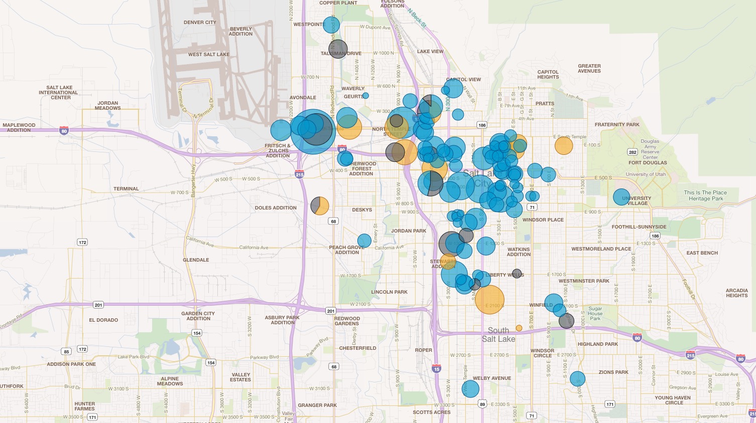 This map shows the location of existing or future affordable housing units in Salt Lake City that received city assistance since 1979. Blue dots represent current project, while orange and gray dots are locations either under construction or funded to be built by 2030.