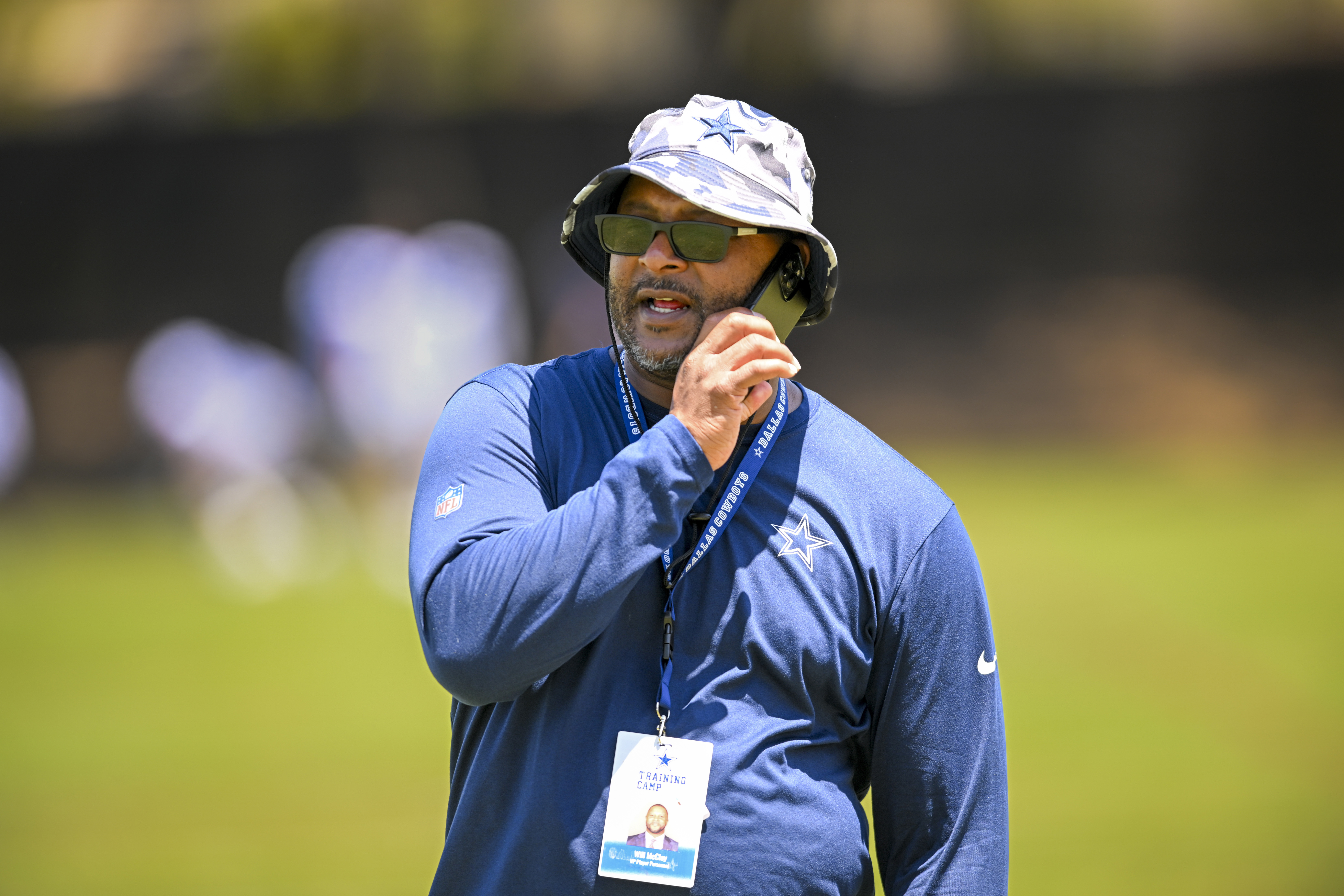 FILE - Will McClay, vice president of player personnel looks on at the Dallas Cowboys NFL football training camp, Aug. 1, 2022, in Oxnard, Calif.