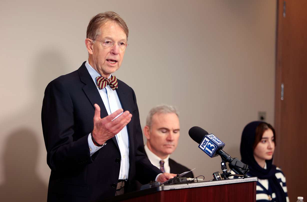 Jim McConkie, Refugee Justice League co-founder, speaks during a press conference at the Utah State Bar office in Salt Lake City on Wednesday.