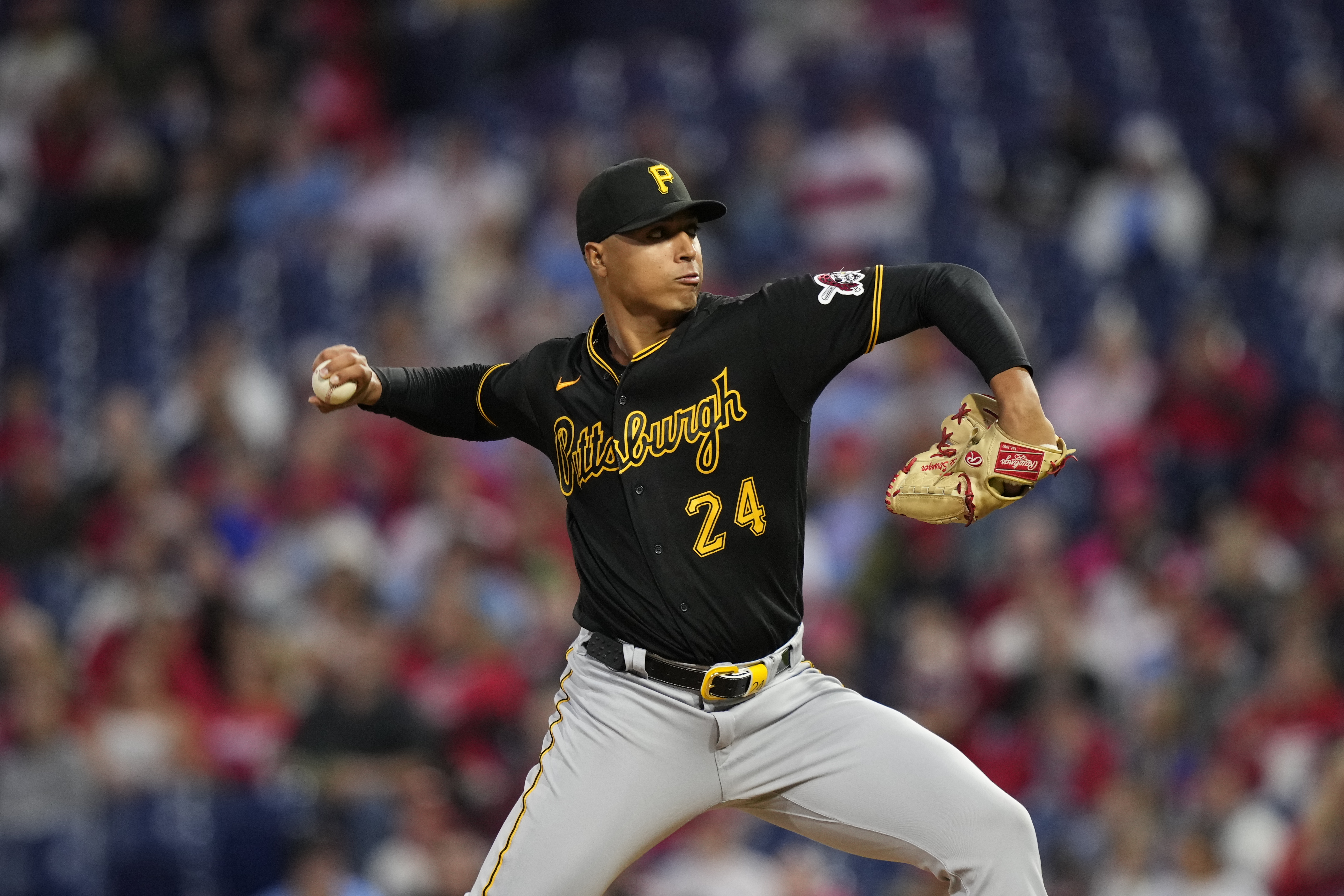 FILE - Pittsburgh Pirates' Johan Oviedo plays during a baseball game against the Philadelphia Phillies, Sept. 27, 2023, in Philadelphia. 