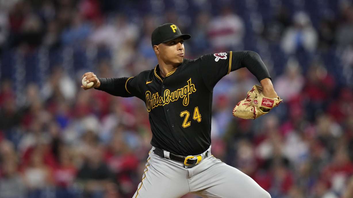 FILE - Pittsburgh Pirates' Johan Oviedo plays during a baseball game against the Philadelphia Phillies, Sept. 27, 2023, in Philadelphia.