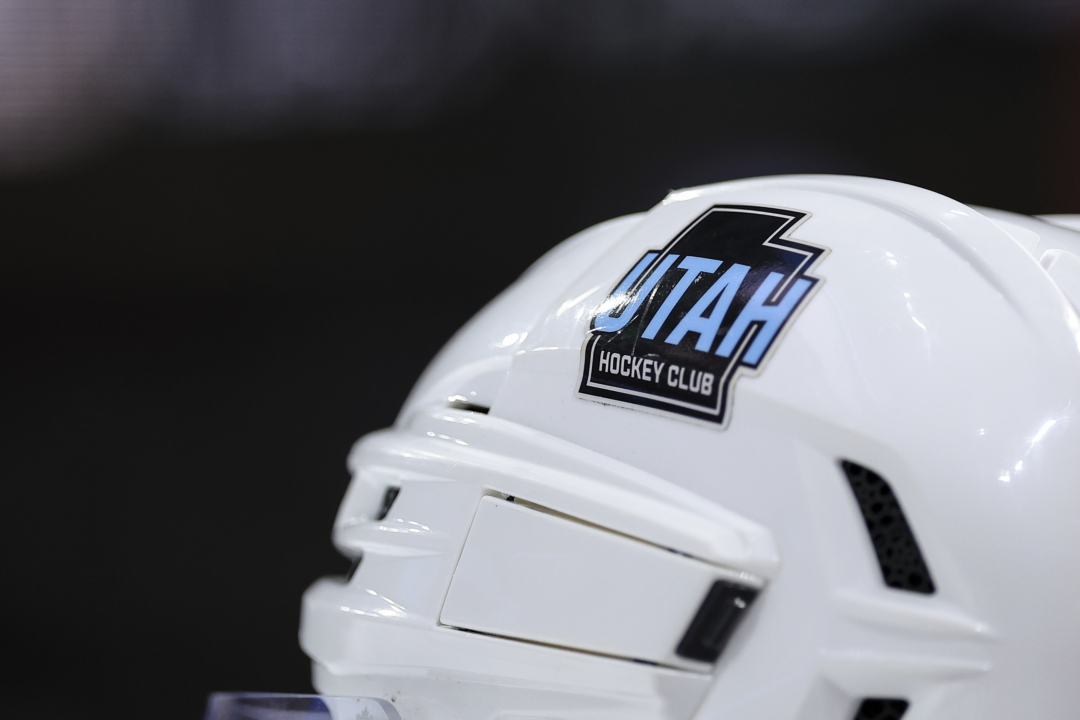 FILE - The Utah Hockey Club logo is seen on the helmet of center Nick Schmaltz (8) during the third period of an NHL hockey game against the Minnesota Wild, Dec. 20, 2024, in St. Paul, Minn.