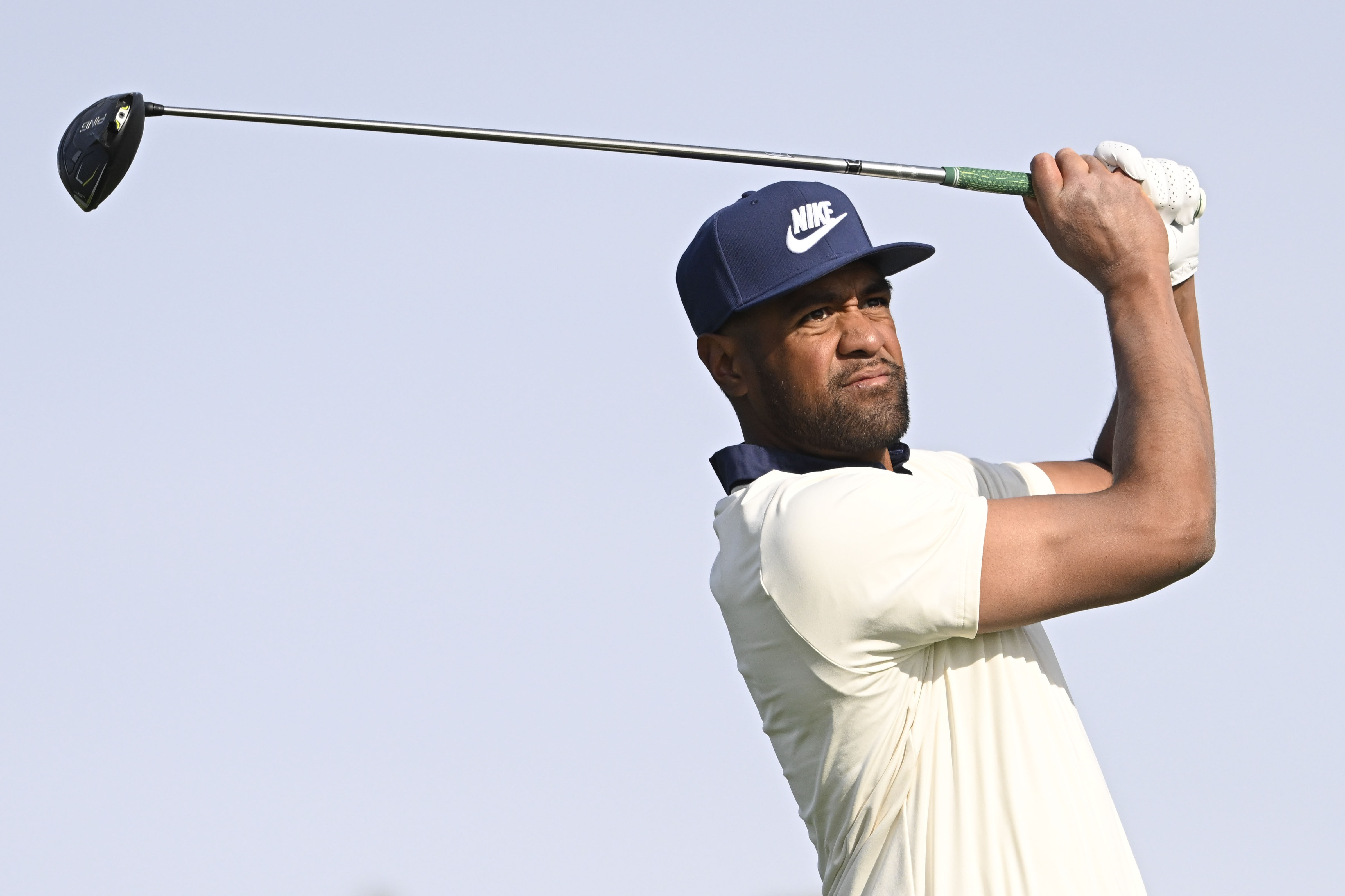 Tony Finau hits a tee shot on the second hole of the South Course at Torrey Pines during the first round of the Farmers Insurance Open golf tournament Wednesday, Jan. 22, 2025, in San Diego. 