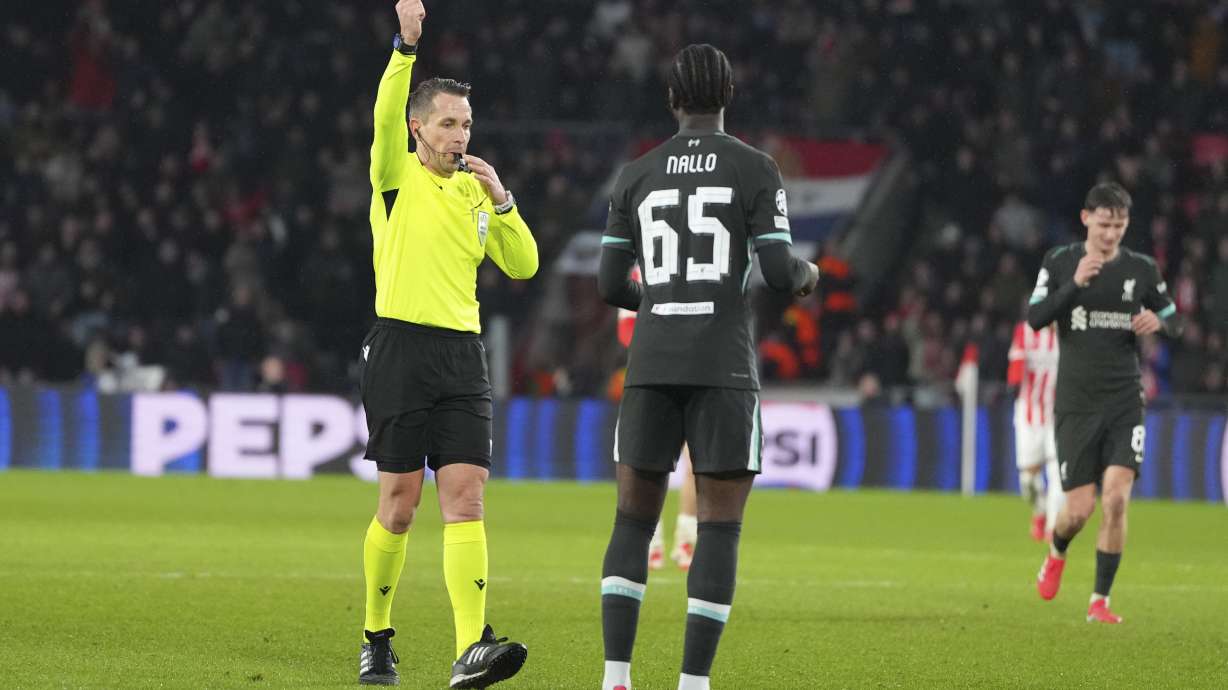 Liverpool's Amara Nallo receives a red card during the Champions League opening phase soccer match between PSV and Liverpool at Phillips Stadium in Eindhoven, Netherlands, Wednesday, Jan. 29, 2025.