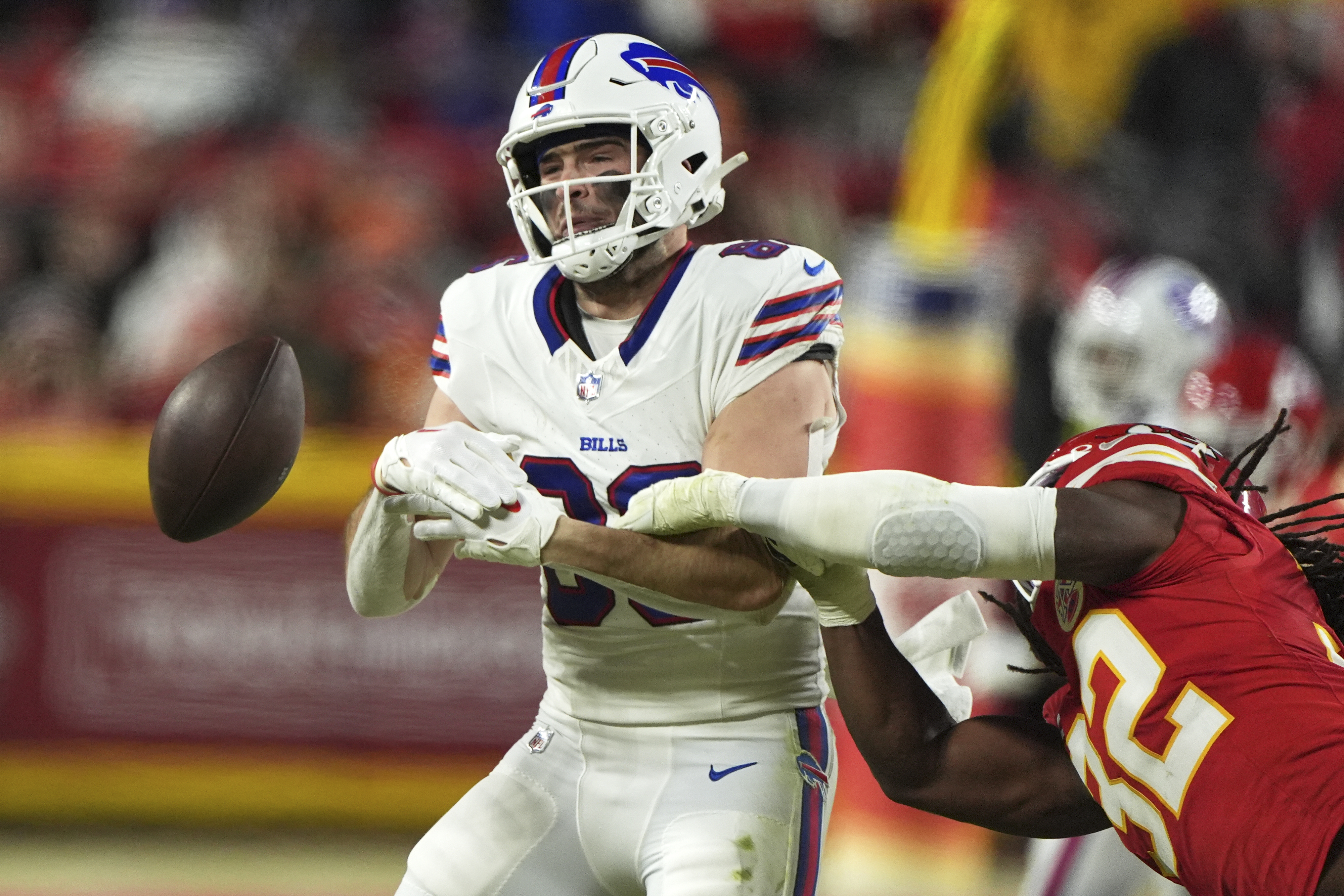 Kansas City Chiefs linebacker Nick Bolton, right, breaks up a pass intended for Buffalo Bills tight end Dalton Kincaid during the first half of the AFC Championship NFL football game, Sunday, Jan. 26, 2025, in Kansas City, Mo. 