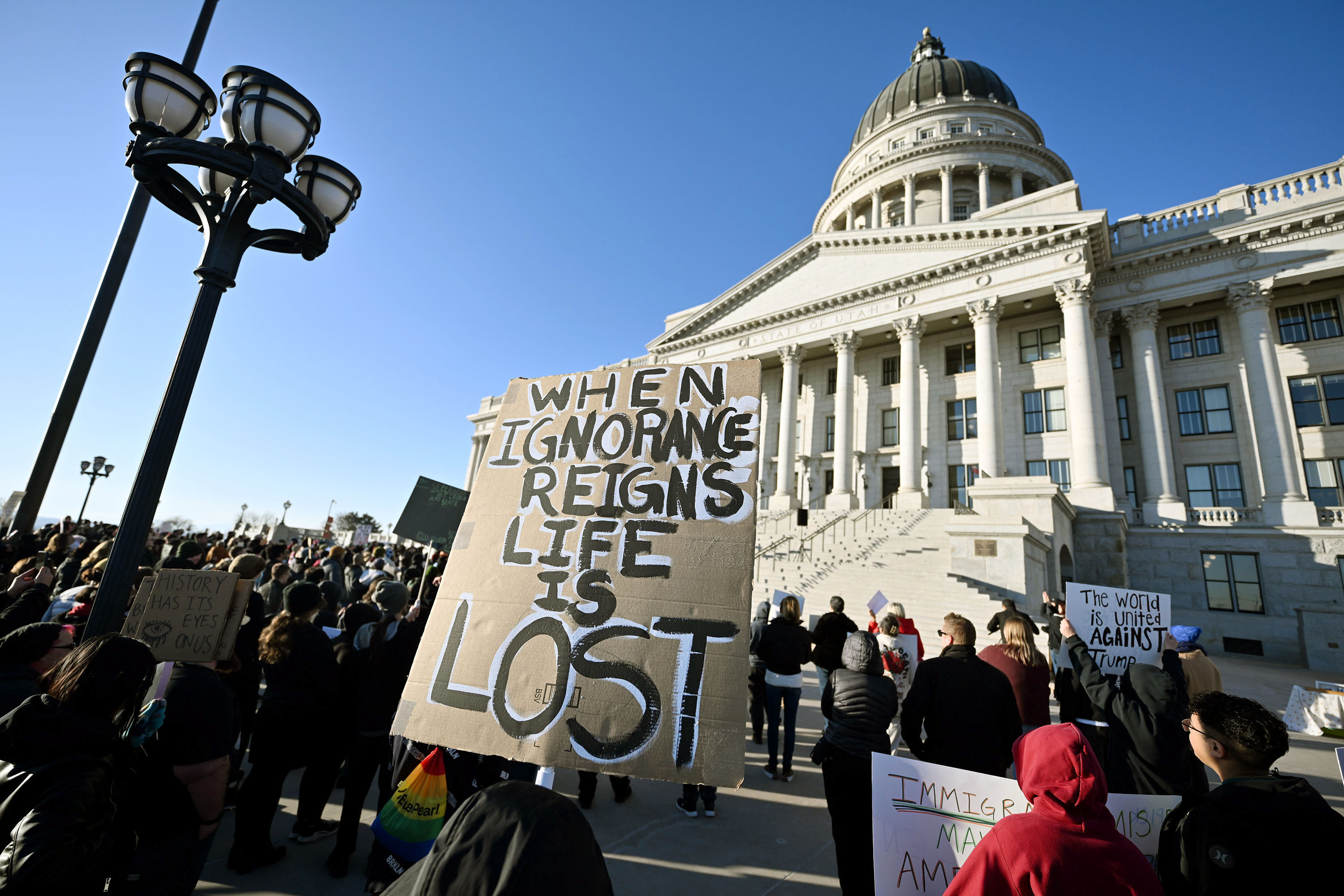 Several hundred attended a protest, dubbed a demonstration against fascism, at the Capitol in Salt Lake City on Wednesday.
