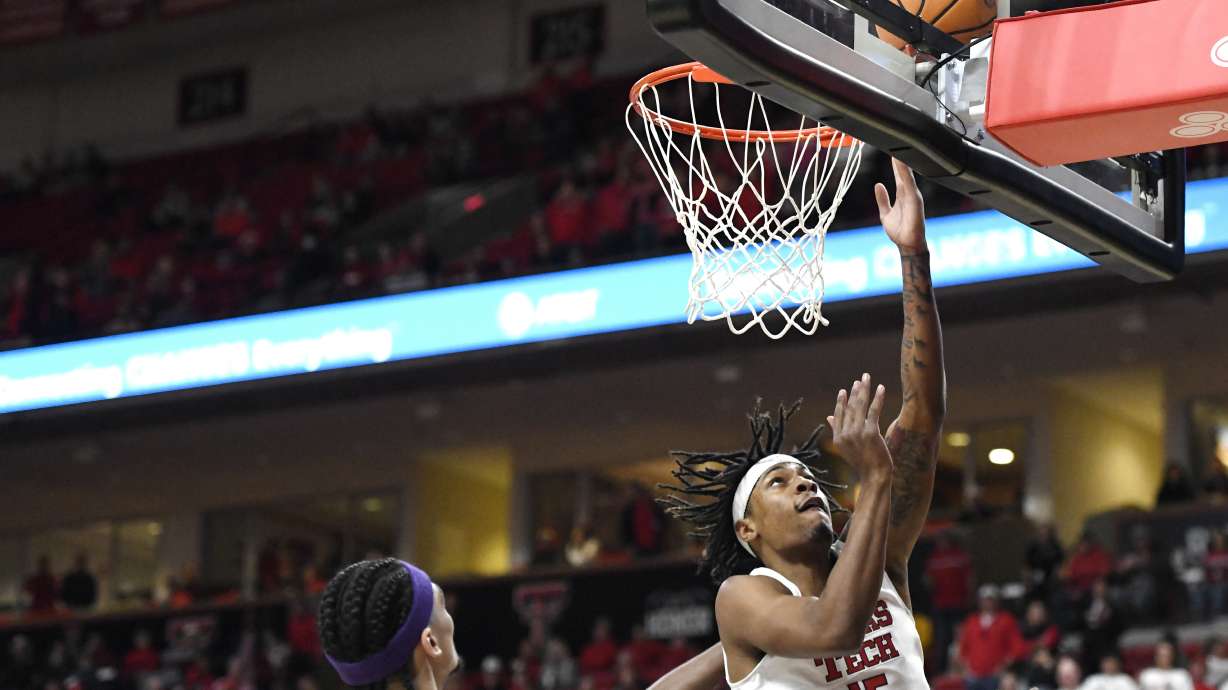 Texas Tech's forward JT Toppin (15) goes for a layup during the first half in an NCAA college basketball game against TCU, Wednesday, Jan. 29, 2025, in Lubbock, Texas.