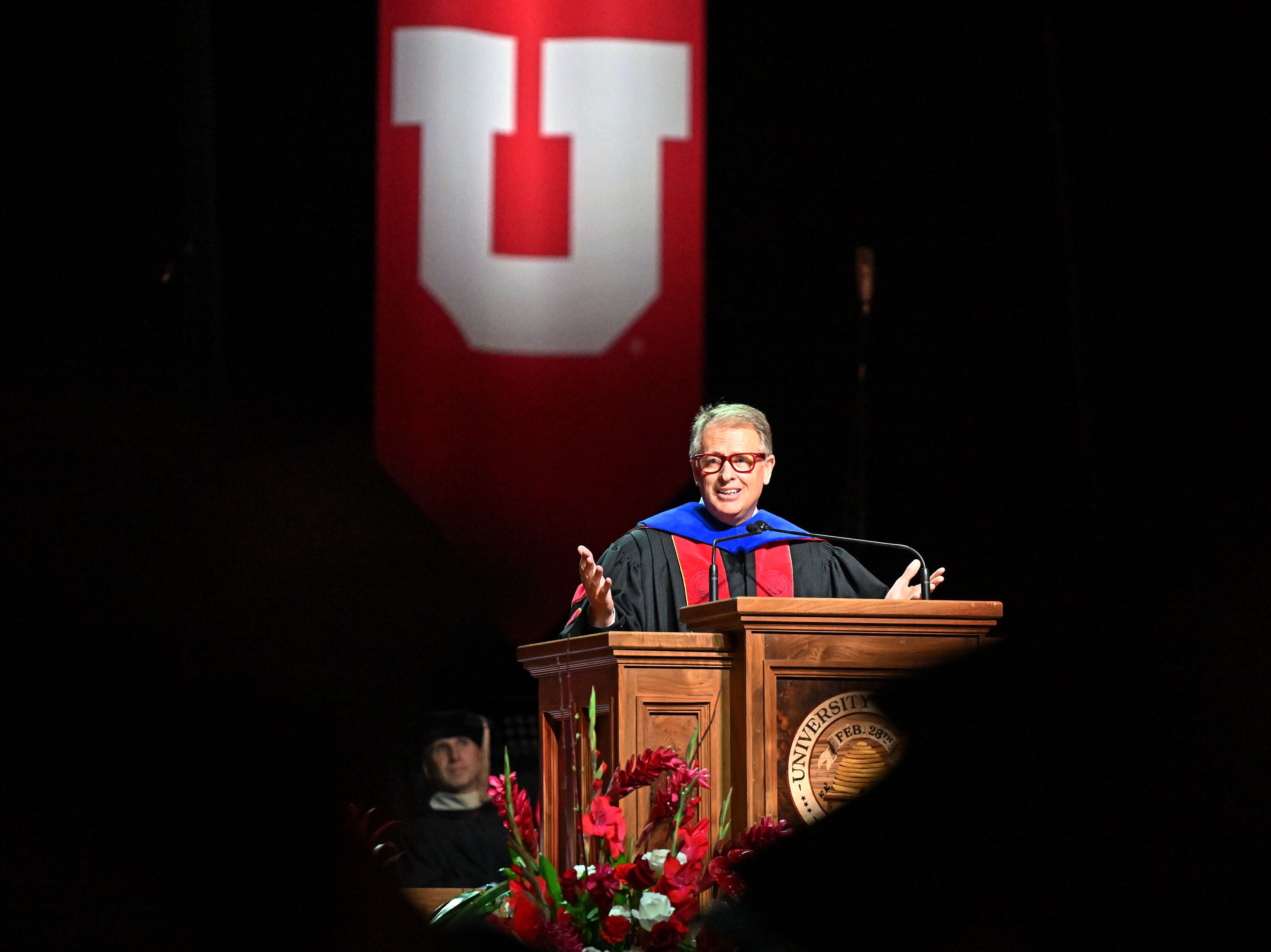 University President Taylor Randall speaks during commencement at the University of Utah in Salt Lake City on Thursday, May 2, 2024.