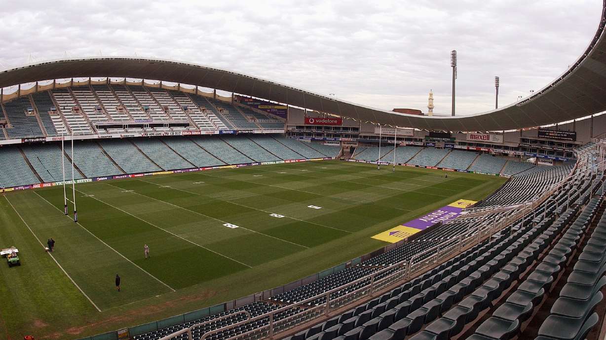 FILE - Sydney Olympic Stadium is prepared as one of the venues for the 2003 Rugby World Cup in Sydney, Sept. 12, 2003, and will again be the venue for the 2027 Rugby World Cup final.