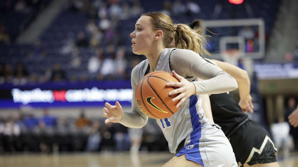 BYU's Delaney Gibb drives toward the rim during a Big 12 women's basketball game against Colorado, Wednesday, Jan. 29, 2025 at the Marriott Center in Provo, Utah.