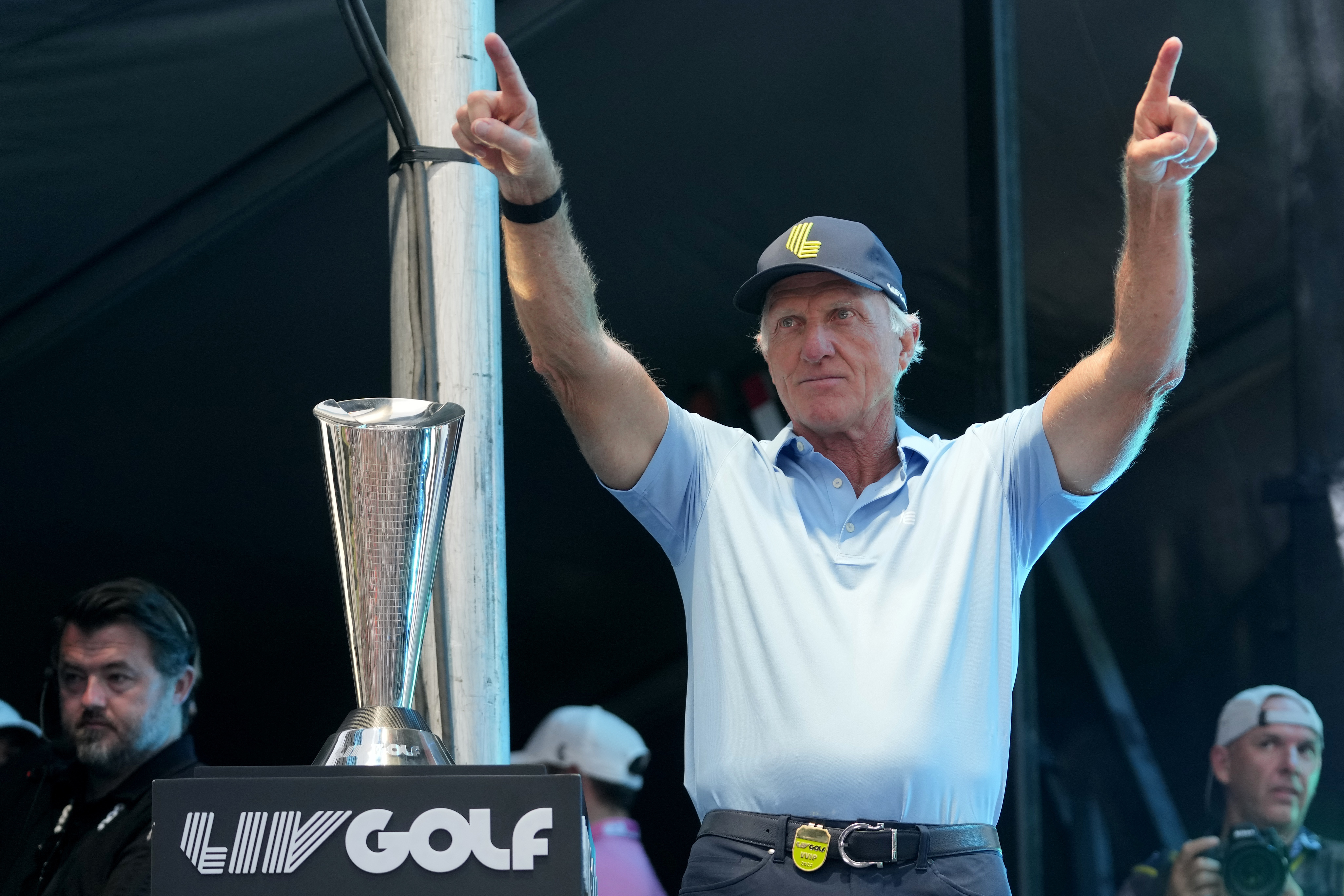FILE - LIV Golf CEO Greg Norman waves to the crowd during an award presentation at the LIV Golf Team Championship at the Trump National Doral golf club, Oct. 22, 2023, in Doral, Fla. 