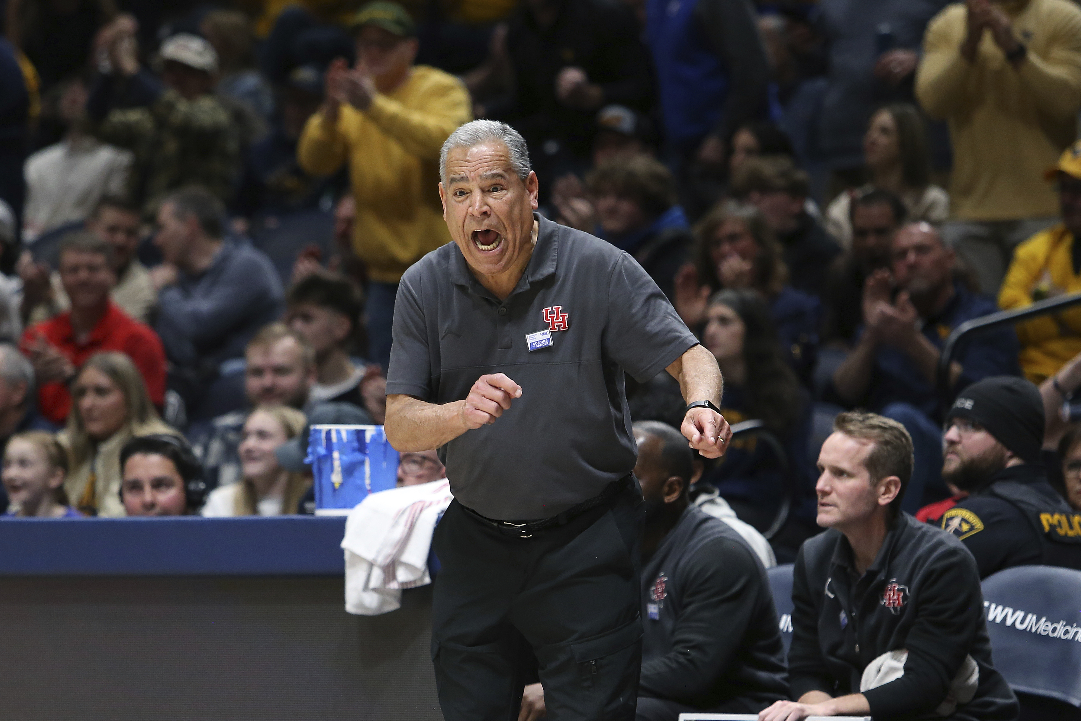 Houston coach Kelvin Sampson reacts during the second half of an NCAA college basketball game against West Virginia, Wednesday, Jan. 29, 2025, in Morgantown, W.Va. 