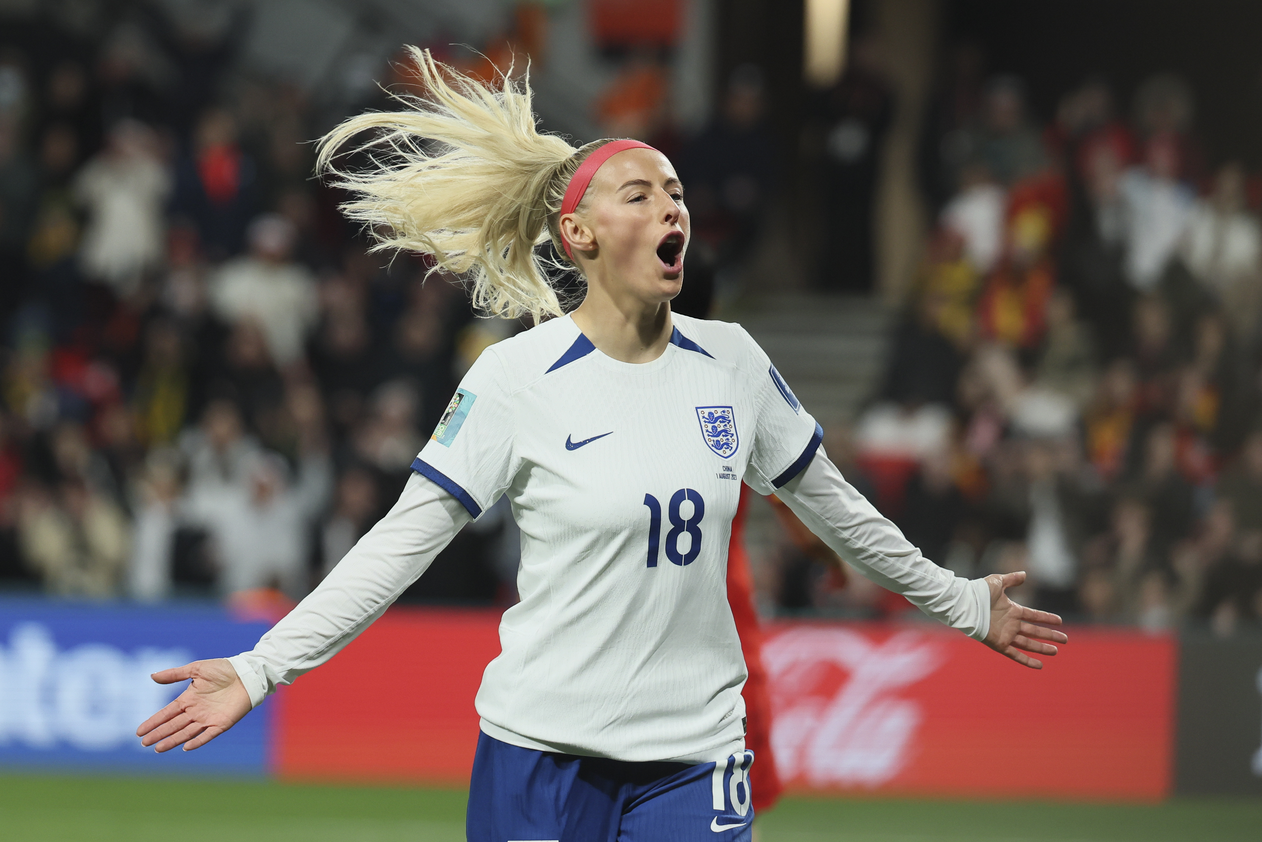 FILE - England's Chloe Kelly, celebrates after she scored during the Women's World Cup Group D soccer match between China and England in Adelaide, Australia, Tuesday, Aug. 1, 2023.