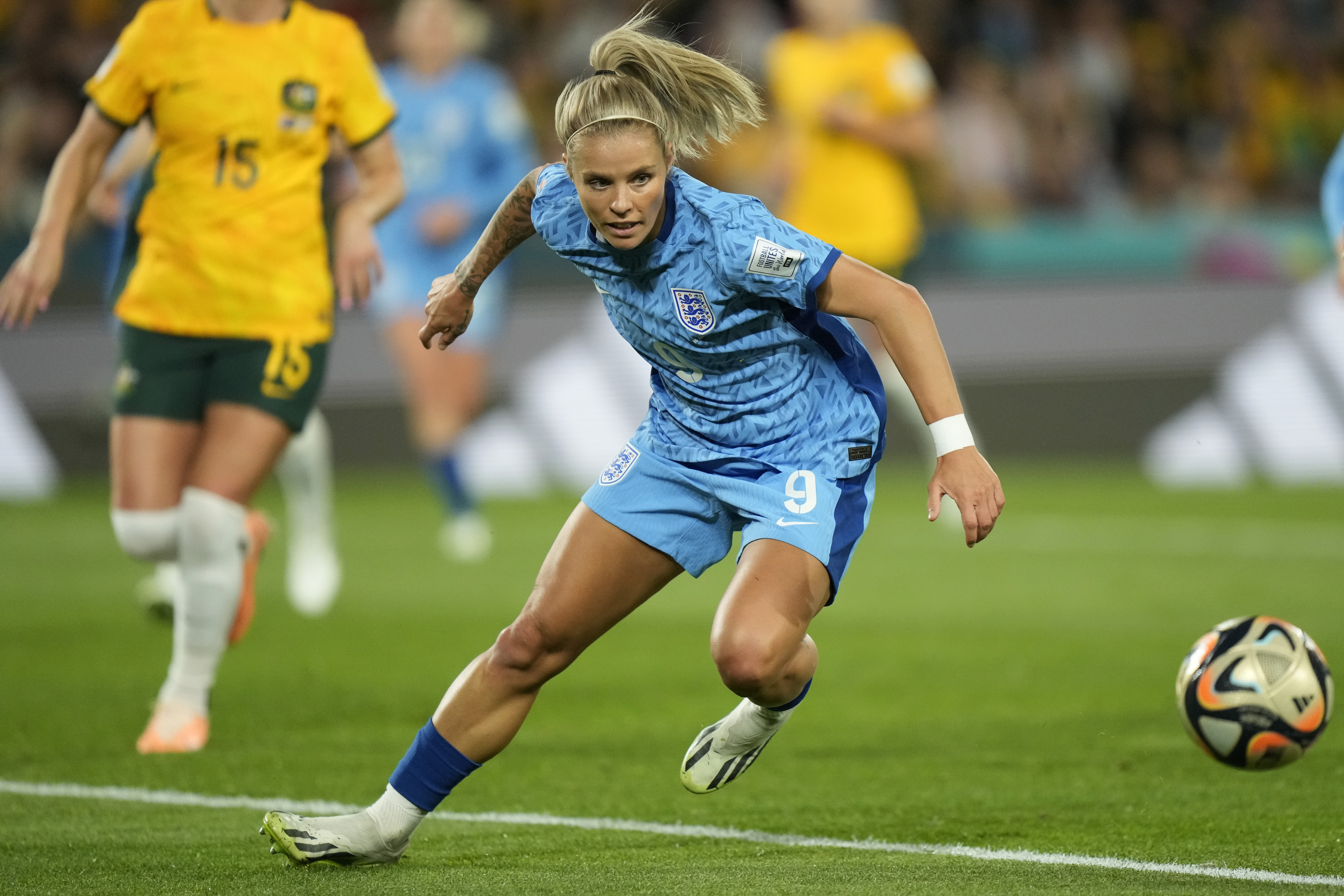 FILE - England's Georgia Stanway reaches for the ball during the Women's World Cup semifinal soccer match between Australia and England at Stadium Australia in Sydney, Australia, Wednesday, Aug. 16, 2023.