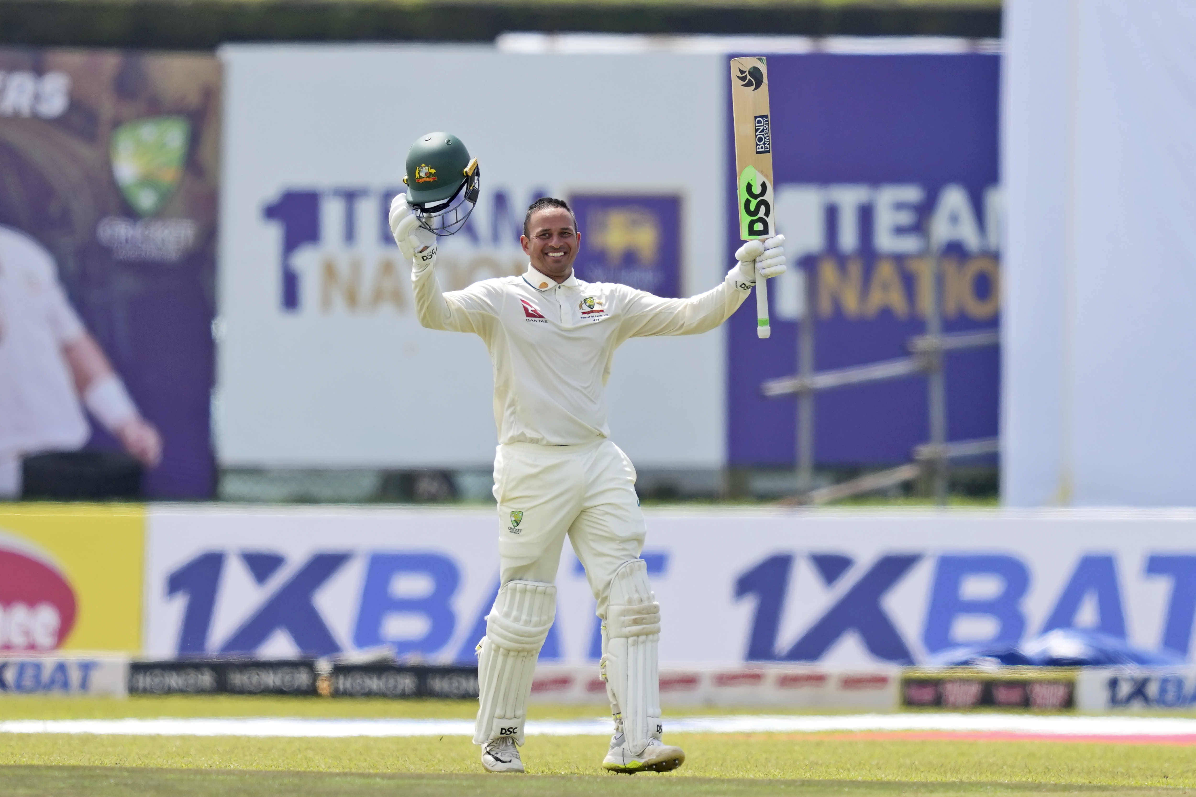 Australia's Usman Khawaja celebrates after scoring a double century during day two of the first test cricket match between Sri Lanka and Australia in Galle, Sri Lanka, Thursday, Jan. 30, 2025.